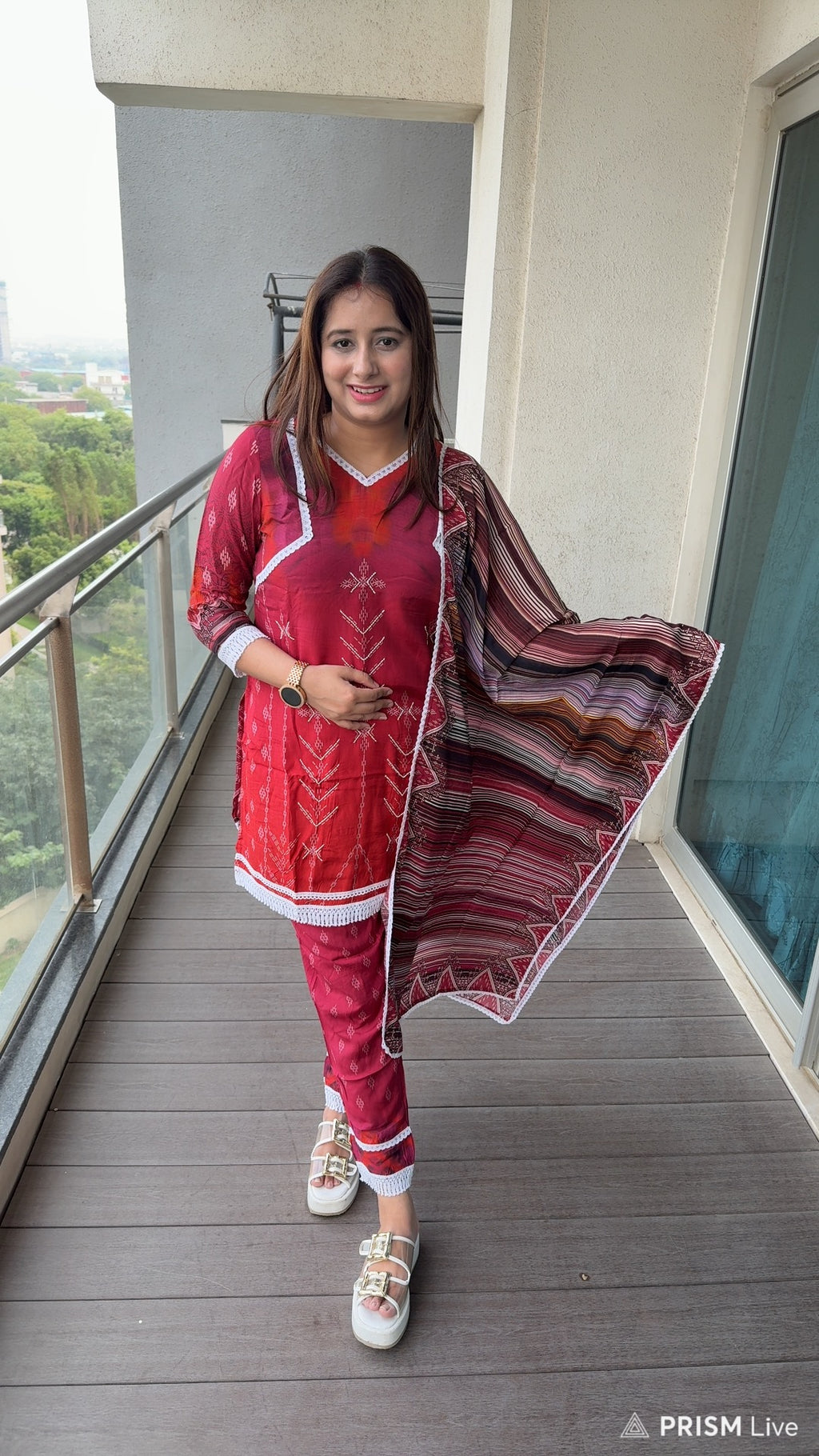 ZOYA | Women’s Maroon Tribal Print Suit Set | Contrast Dupatta Kurta Trouser Set