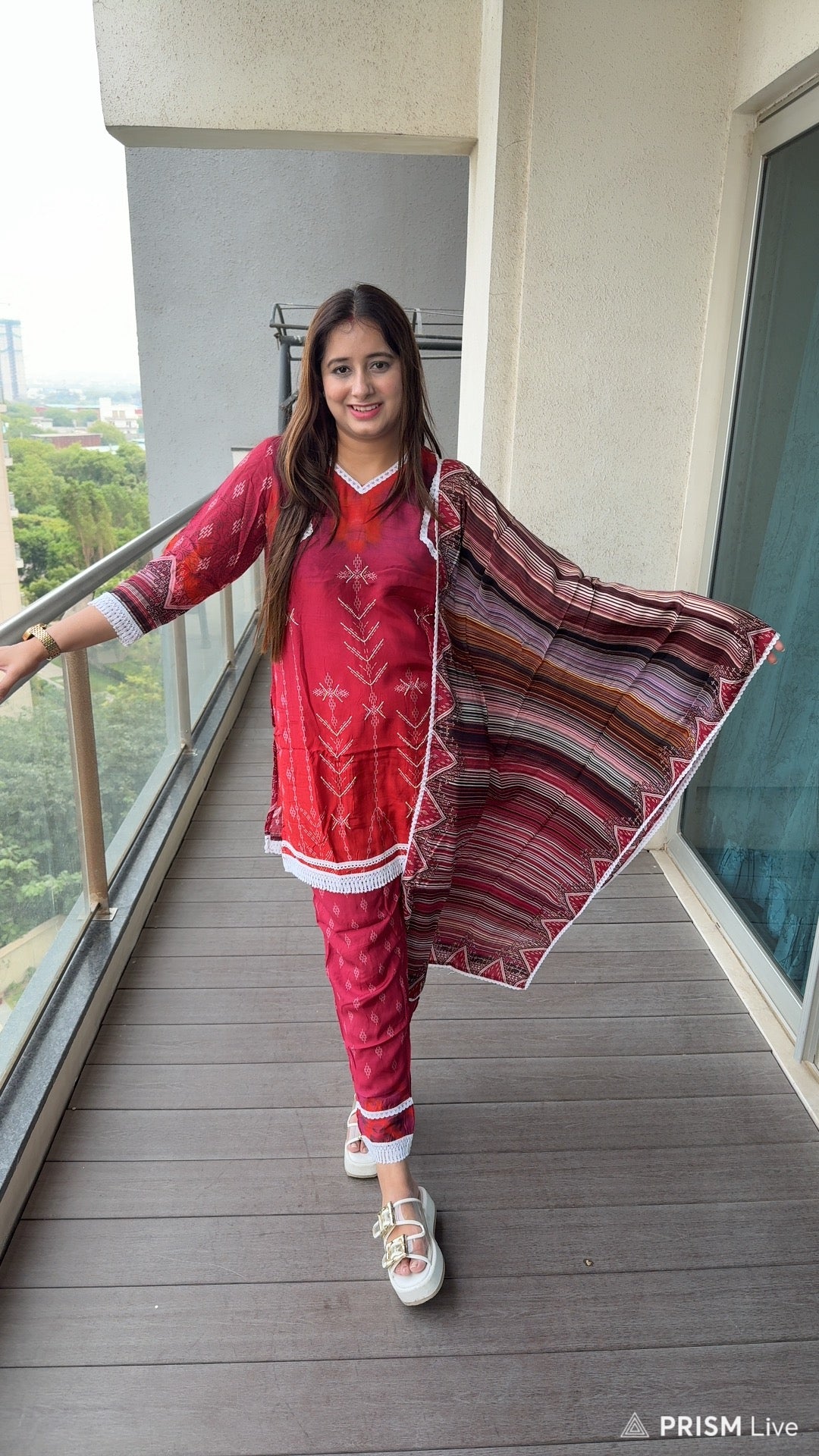 ZOYA | Women’s Maroon Tribal Print Suit Set | Contrast Dupatta Kurta Trouser Set