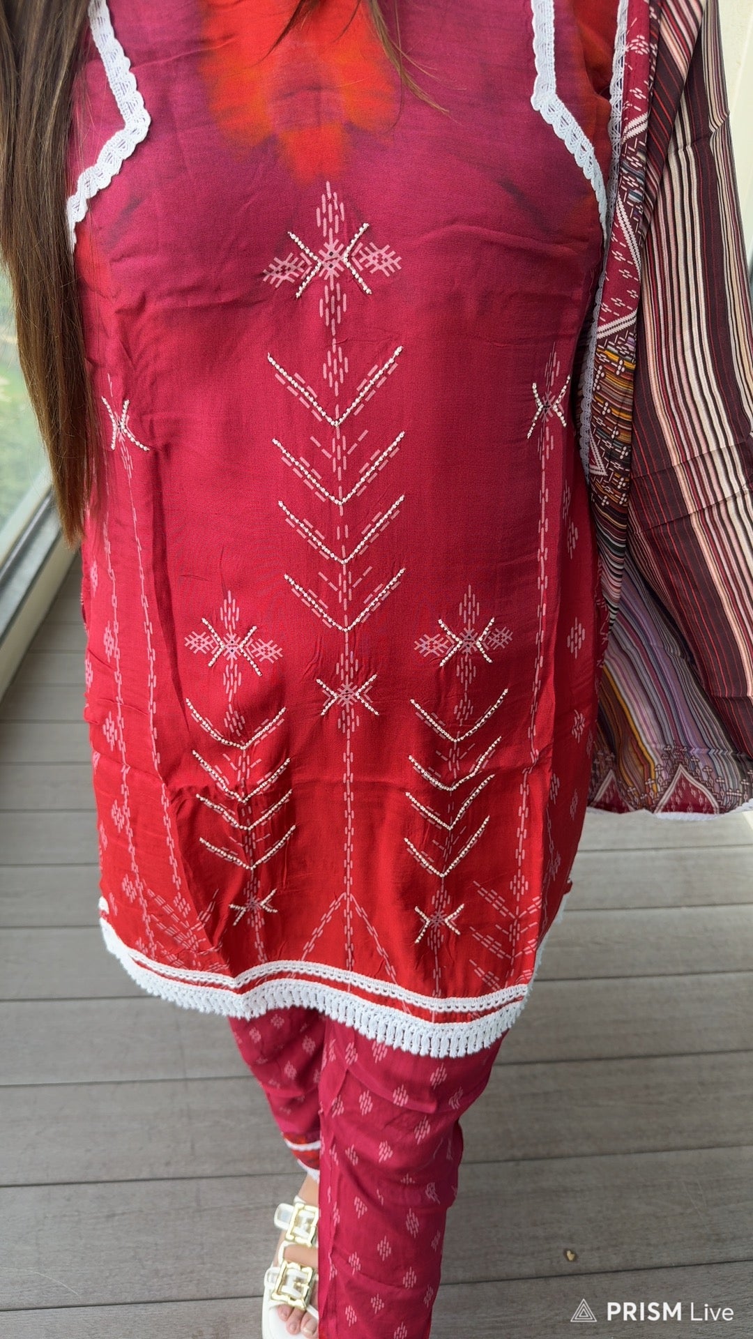 ZOYA | Women’s Maroon Tribal Print Suit Set | Contrast Dupatta Kurta Trouser Set