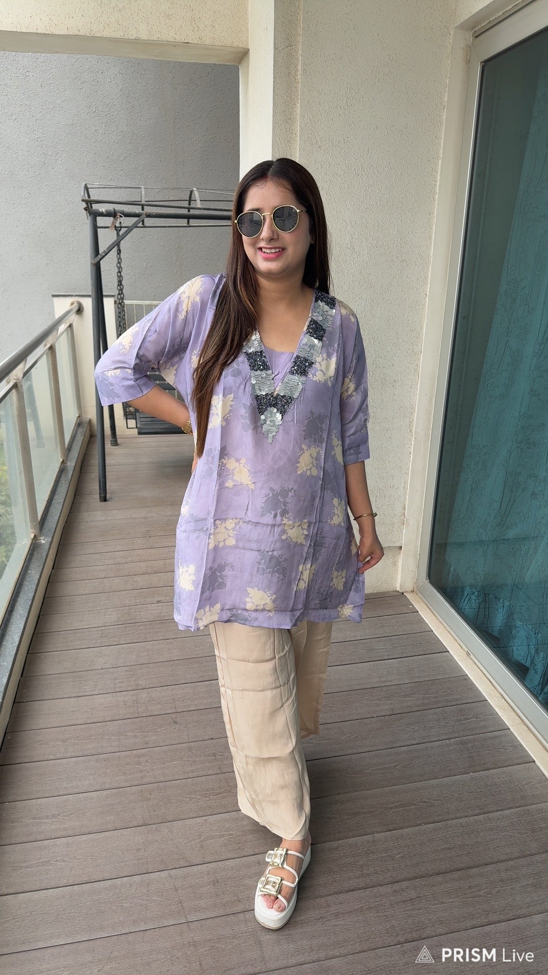 RASHIKA | Women’s Lavender Floral Print Coordset | Mirror Sequin Embroidered Kurta Pants