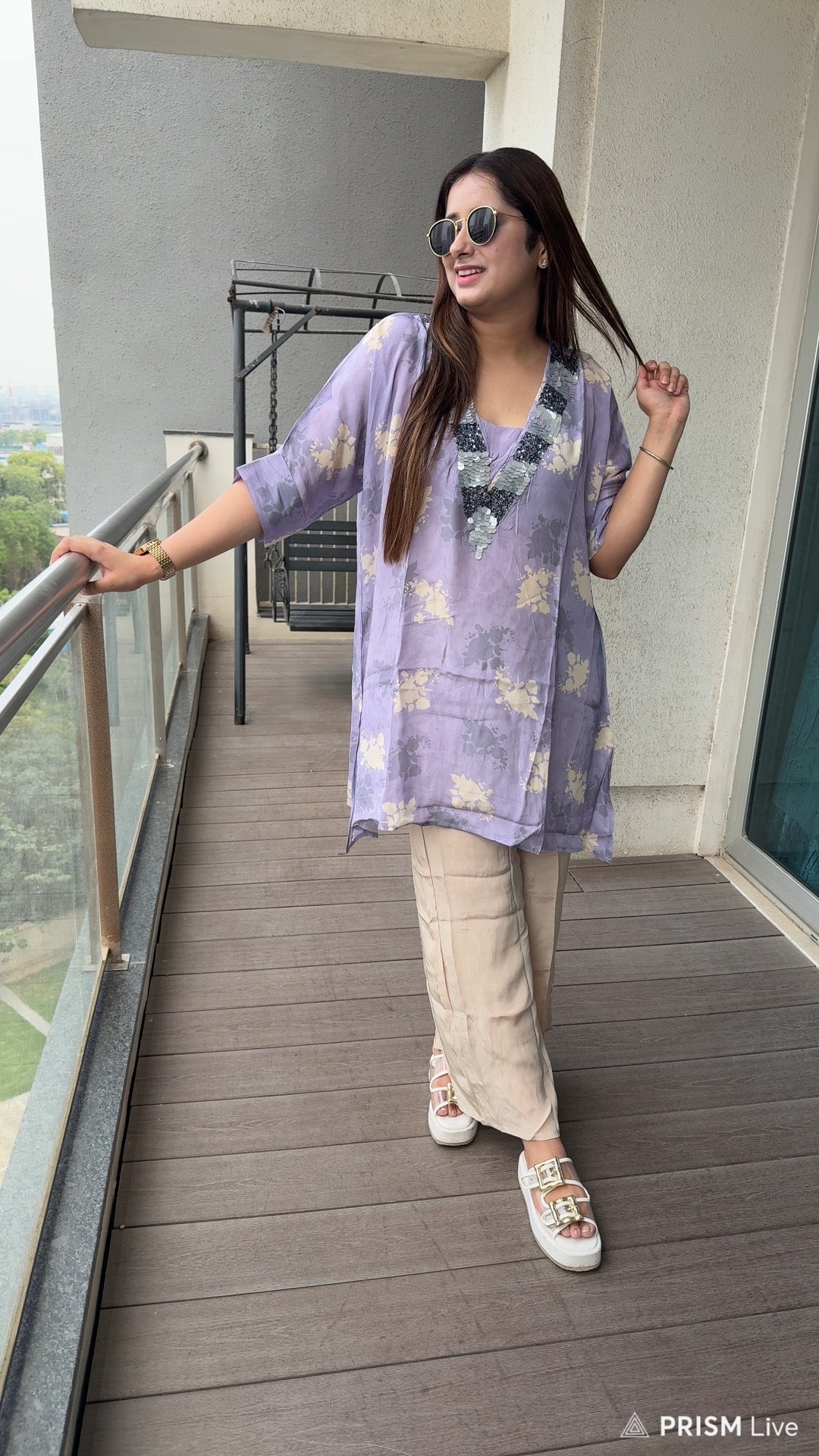 RASHIKA | Women’s Lavender Floral Print Coordset | Mirror Sequin Embroidered Kurta Pants