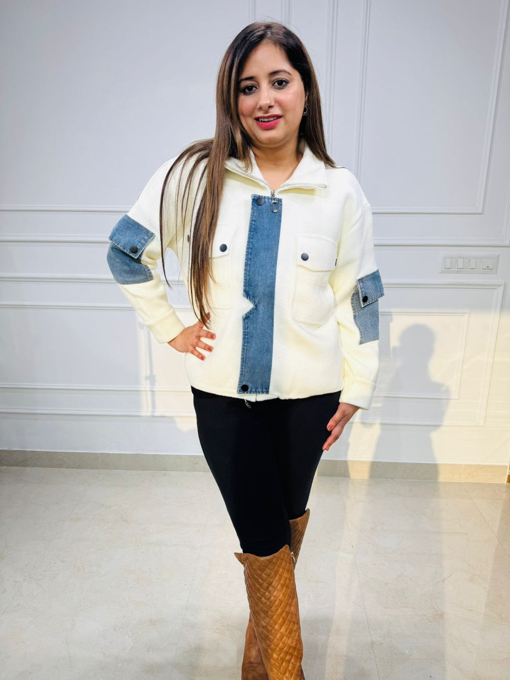 Harper | Cream Jacket with Denim Patch Detailing
