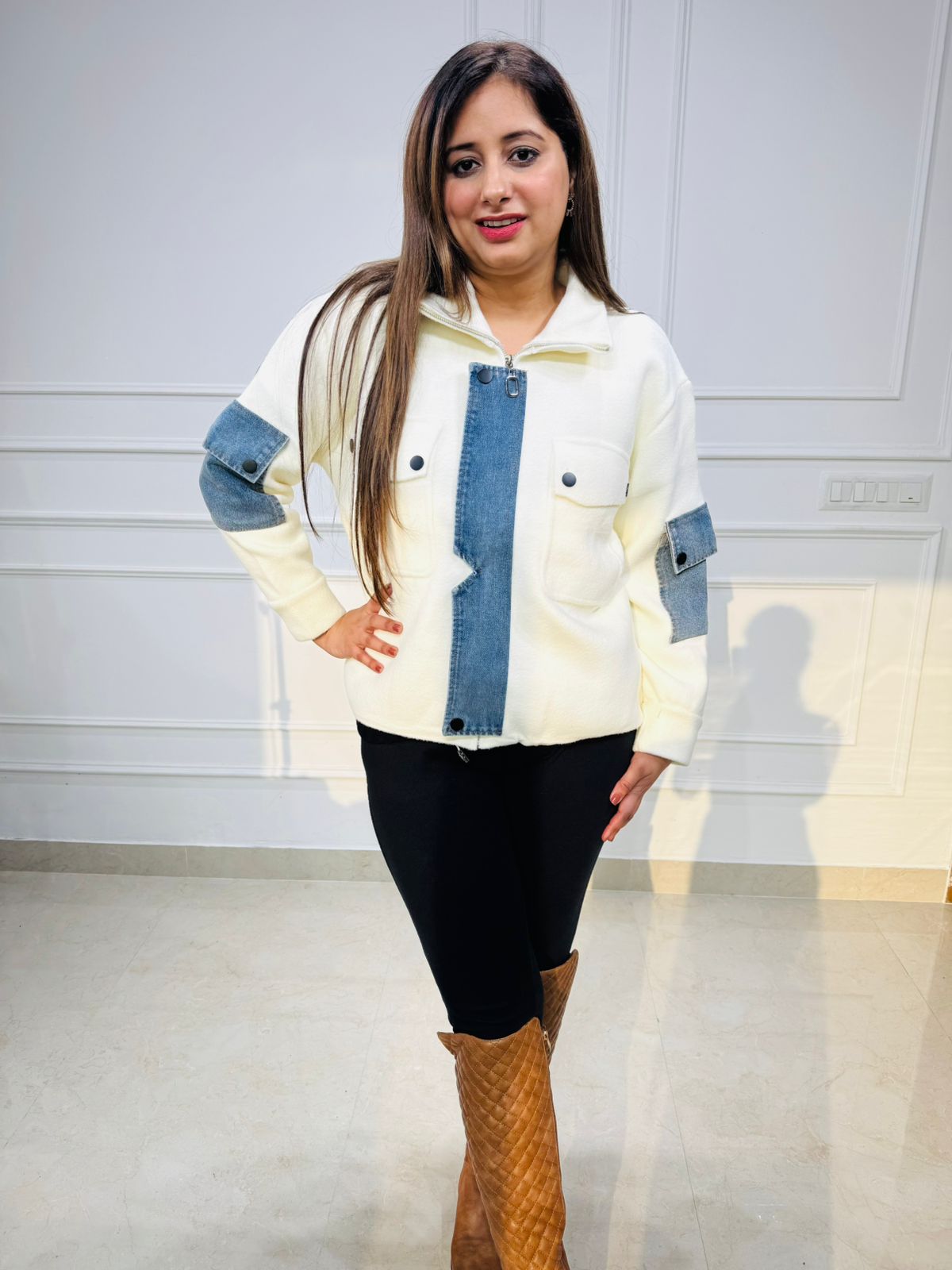 Harper | Cream Jacket with Denim Patch Detailing