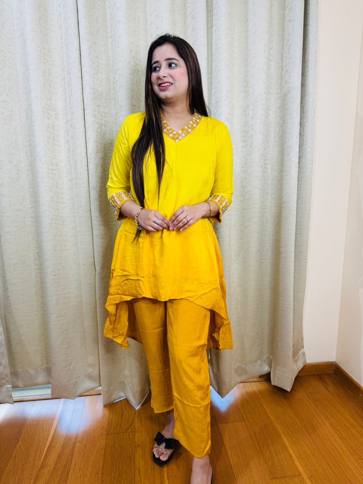 MISHA | Sunny Yellow Asymmetric Kurta Pants Set with Embroidered Neck for Women