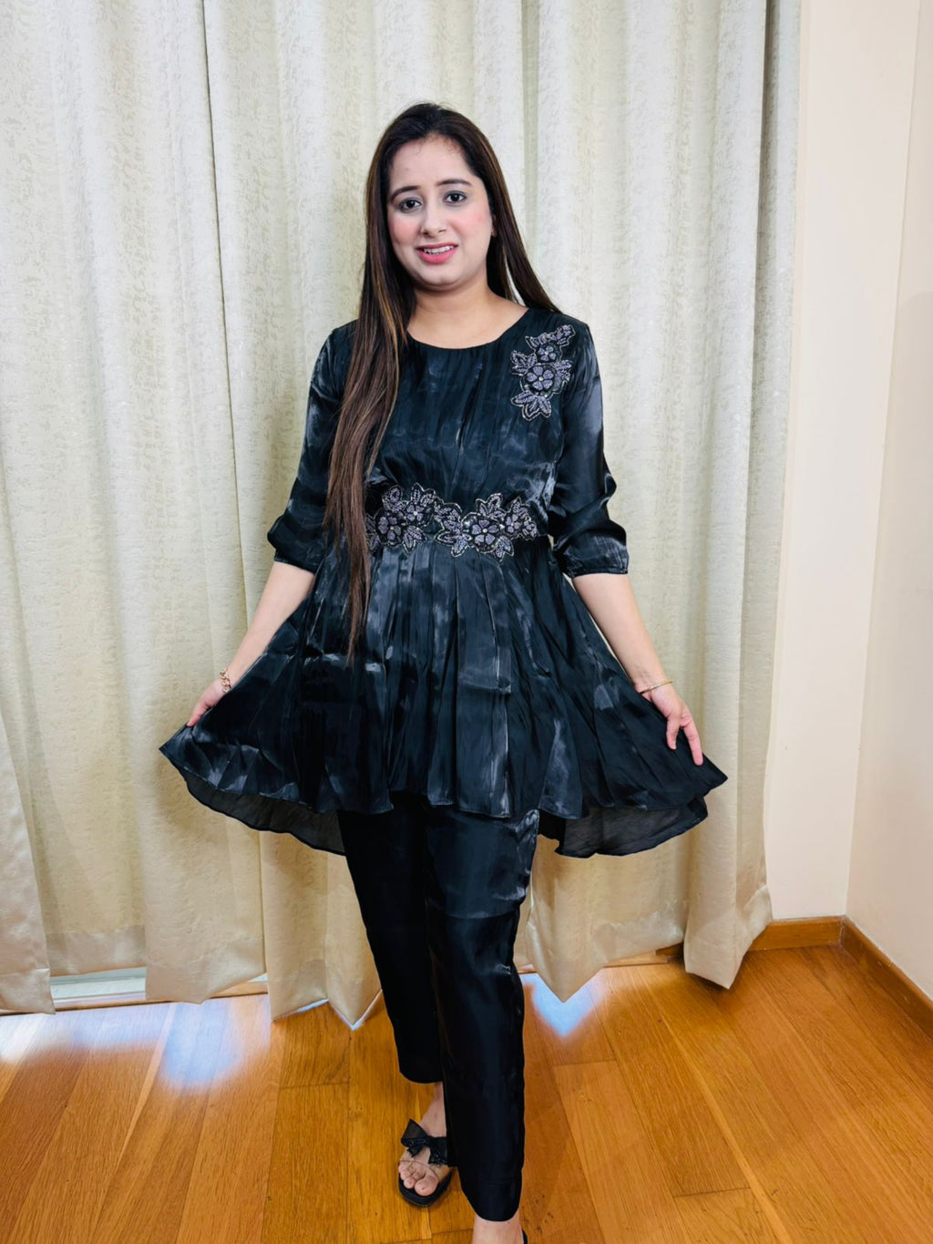 VEGA | Black Embroidered Peplum Kurta Set with Pants for Women