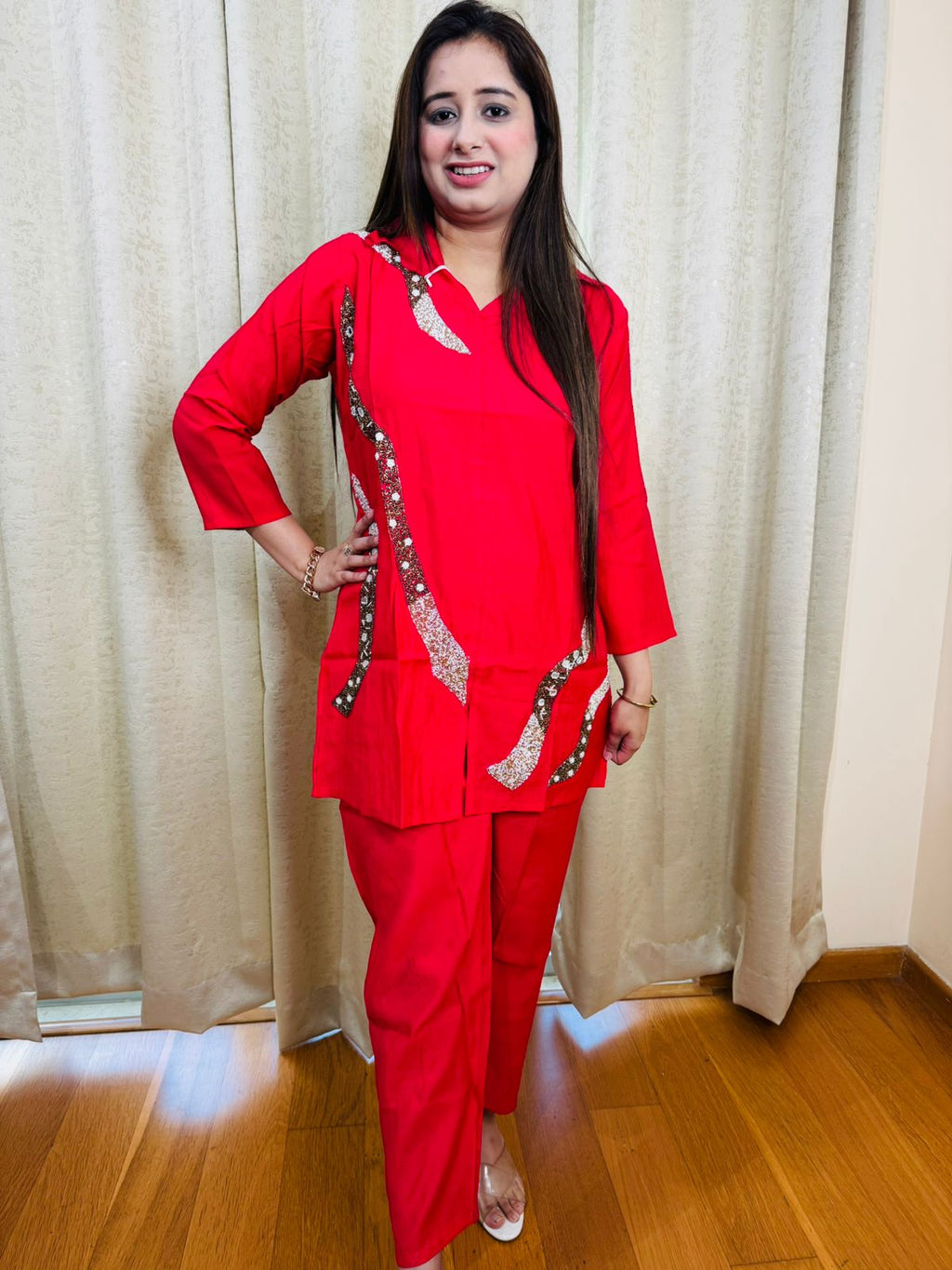 PARI | Fiery Red Abstract Sequin Work Kurta Pant Set | Modern Partywear Co-ord for Women