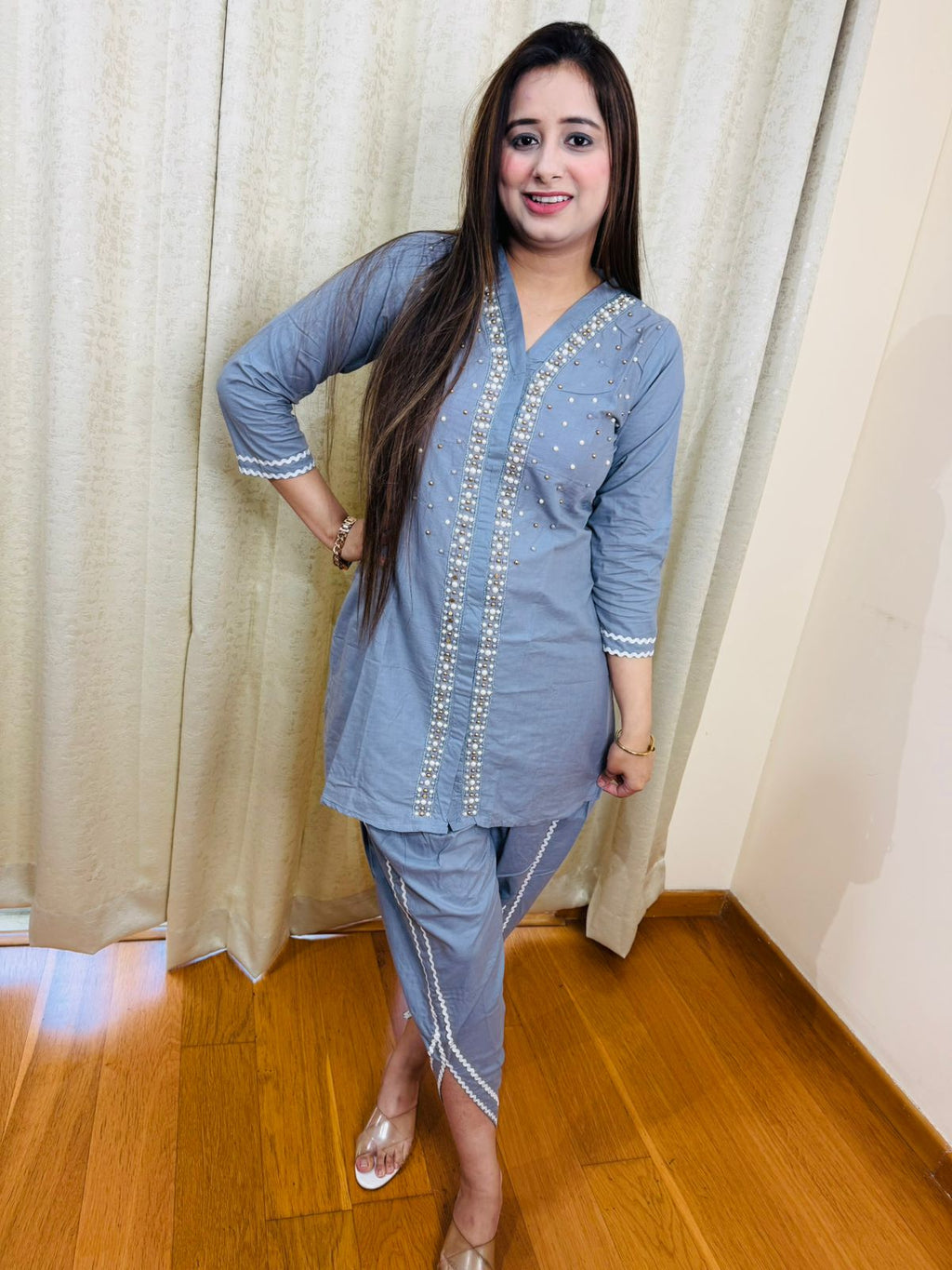 TIYA | Steel Grey Mirror Work Kurta Pant Set | Angrakha Style Hem Ethnic Co-ord for Women