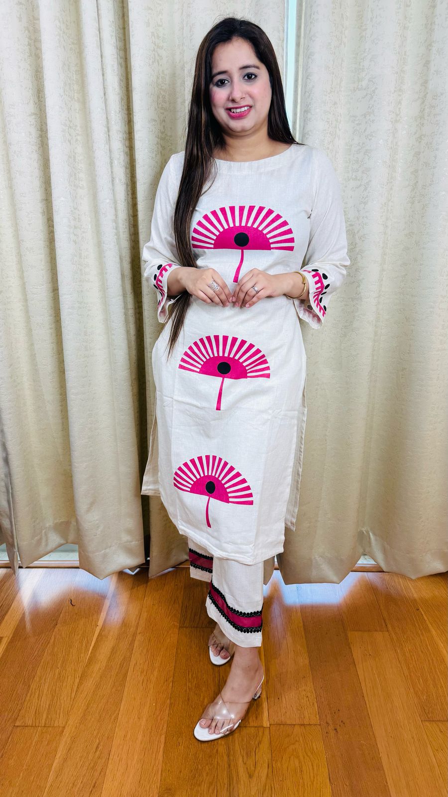 PREETA | Off-White Straight Kurta Set with Pink Fan Design | Modern Casual Suit for Women