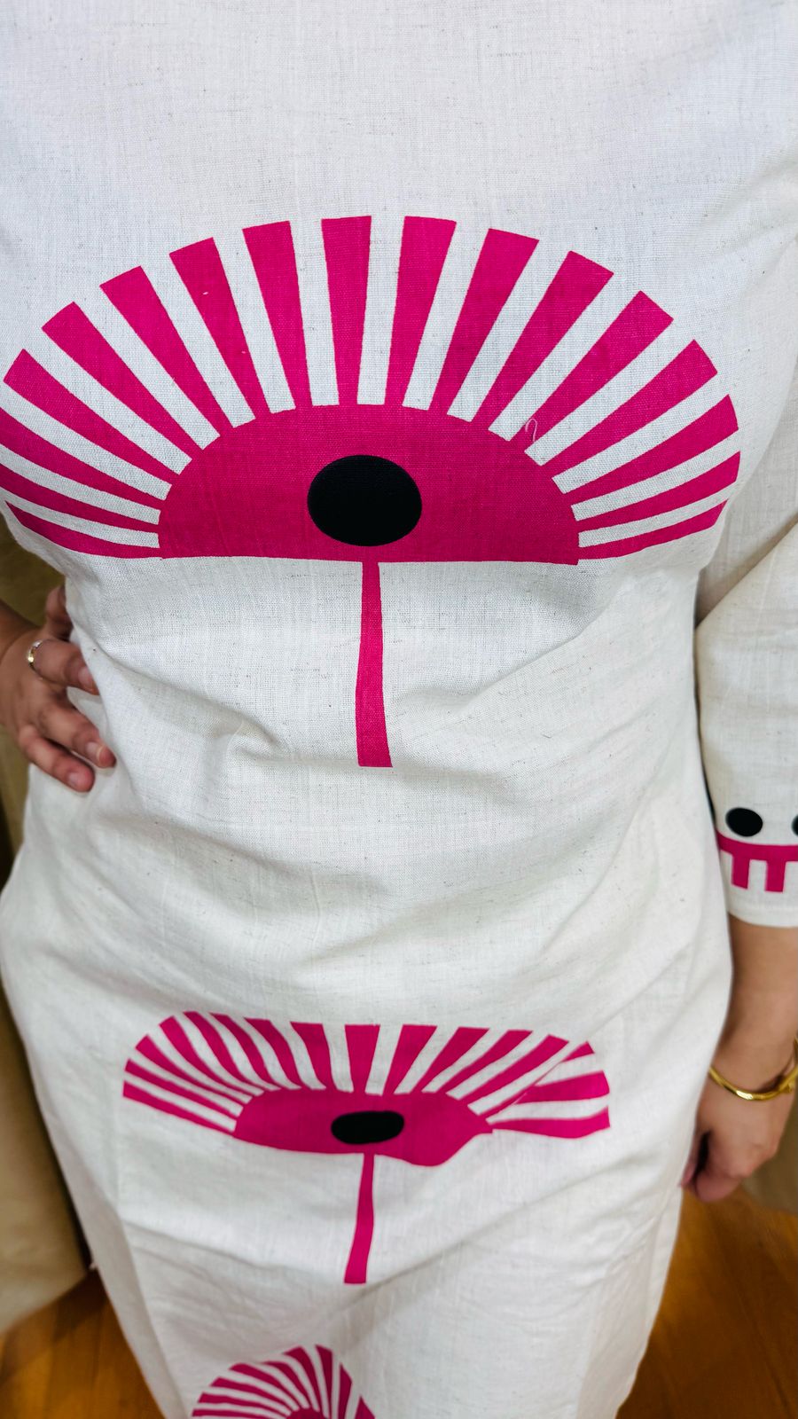 PREETA | Off-White Straight Kurta Set with Pink Fan Design | Modern Casual Suit for Women