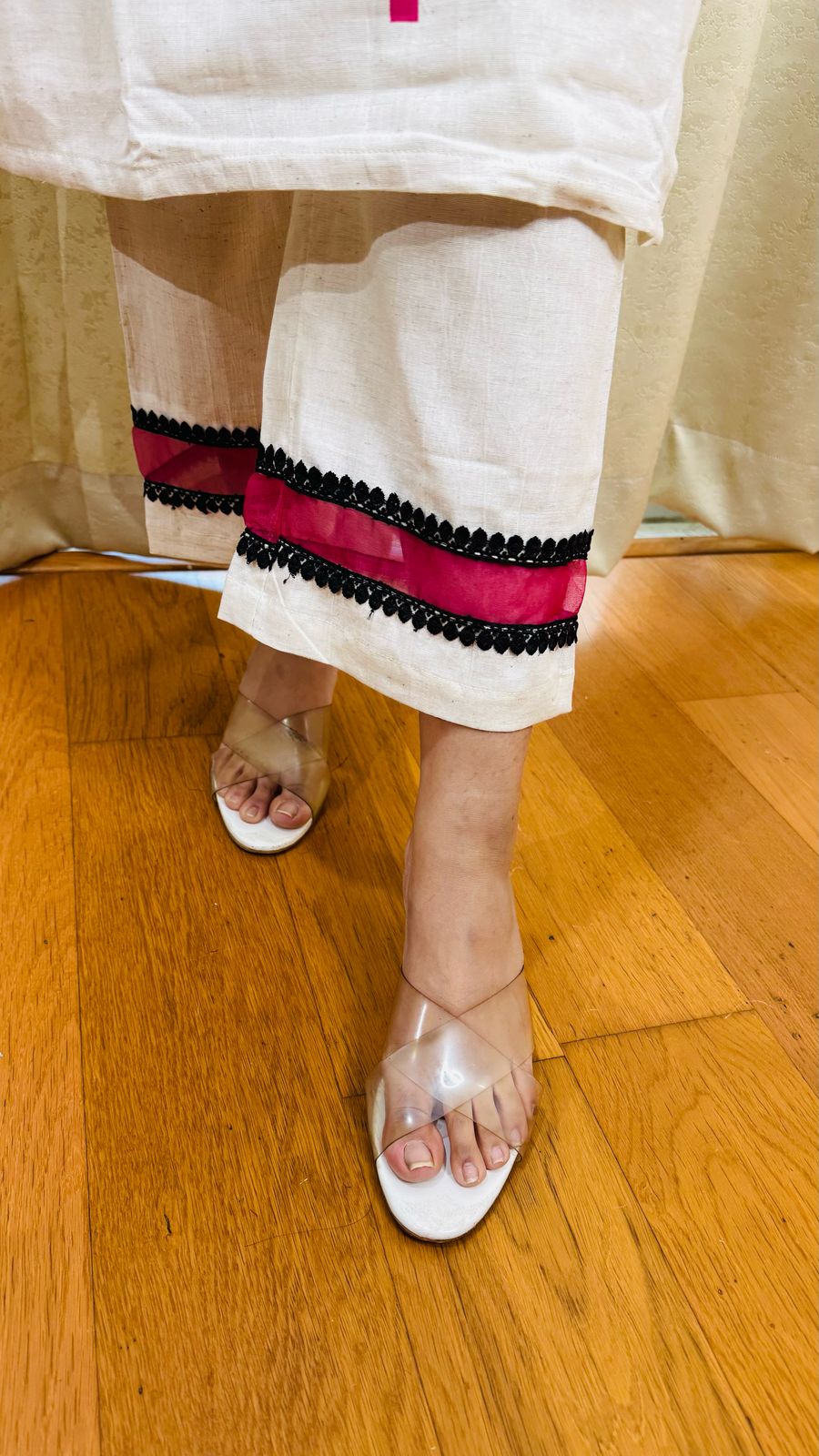 PREETA | Off-White Straight Kurta Set with Pink Fan Design | Modern Casual Suit for Women