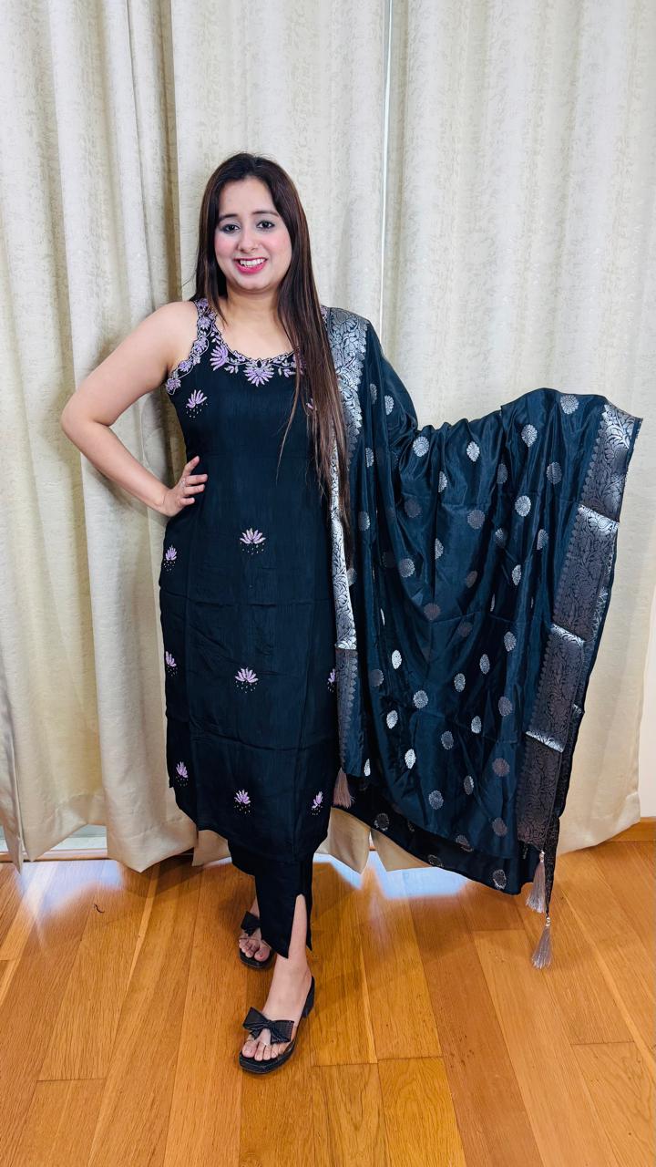 DOLA | Blue Embroidered Sleeveless Kurta Set with Woven Dupatta | Festive Suit for Women