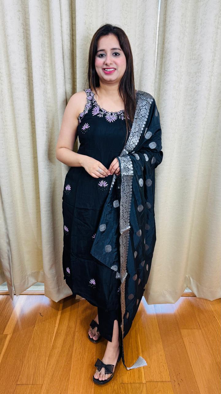 DOLA | Blue Embroidered Sleeveless Kurta Set with Woven Dupatta | Festive Suit for Women