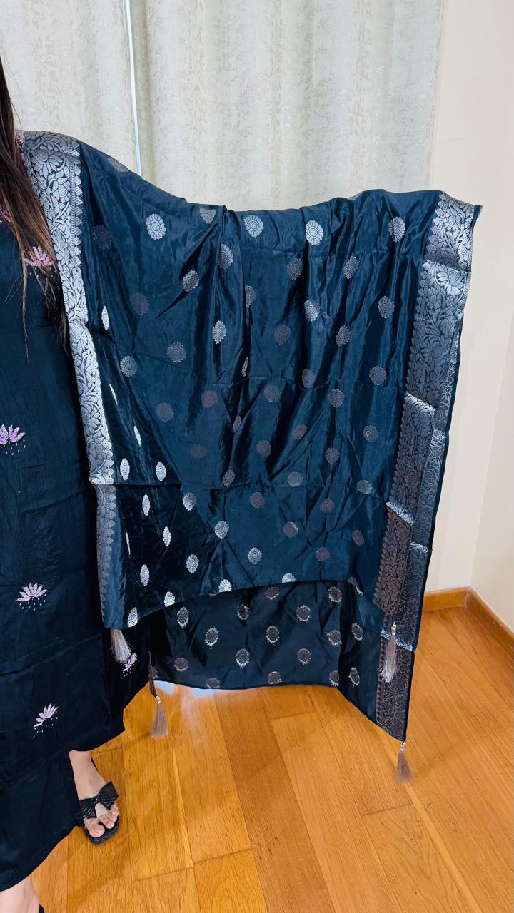 DOLA | Blue Embroidered Sleeveless Kurta Set with Woven Dupatta | Festive Suit for Women