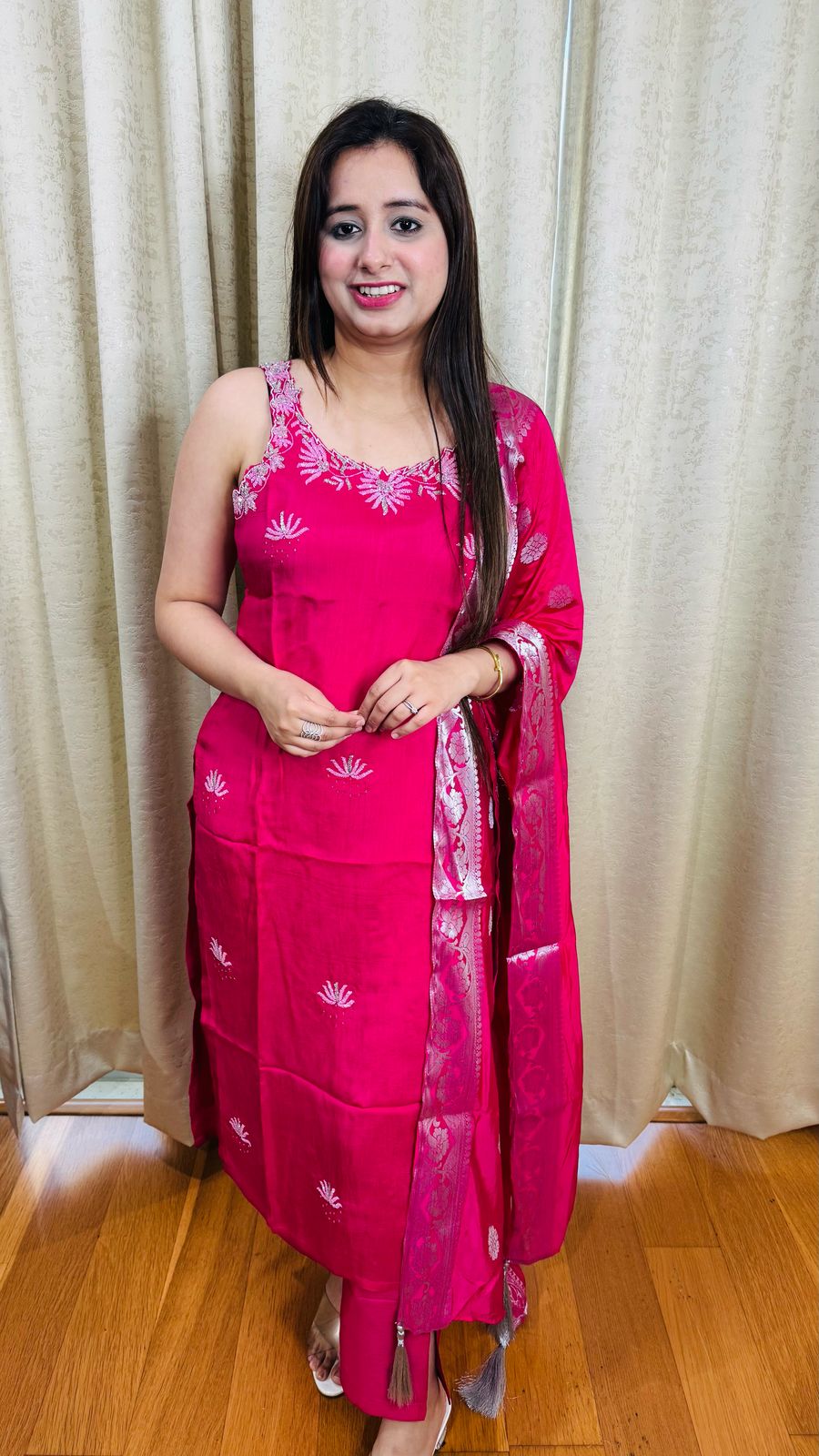 DOLA | Hot Pink Embroidered Sleeveless Kurta Set with Woven Dupatta | Festive Suit for Women