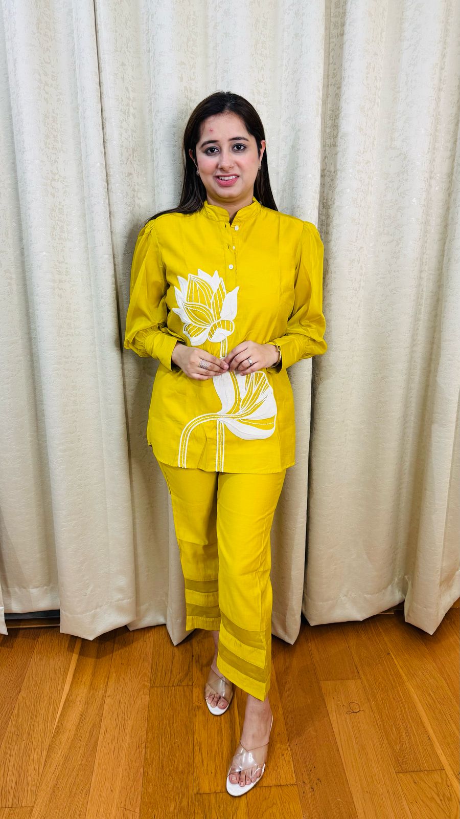 LAVA | Mustard Yellow Straight Kurta Pant Set | Bold Lotus Design Modern Ethnic Wear