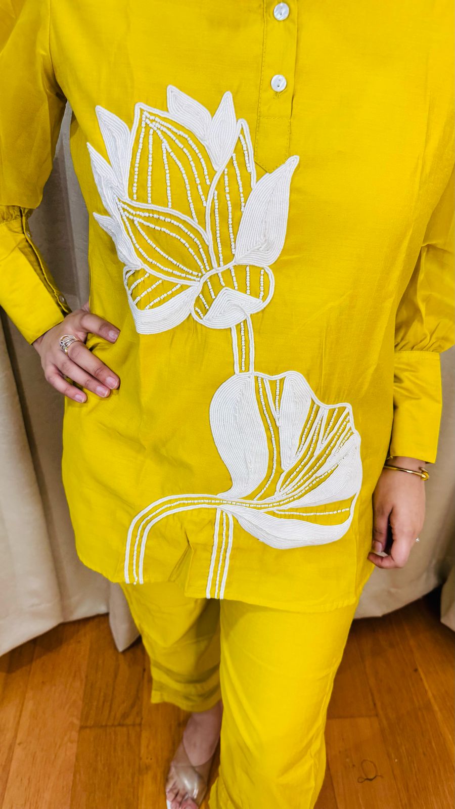 LAVA | Mustard Yellow Straight Kurta Pant Set | Bold Lotus Design Modern Ethnic Wear