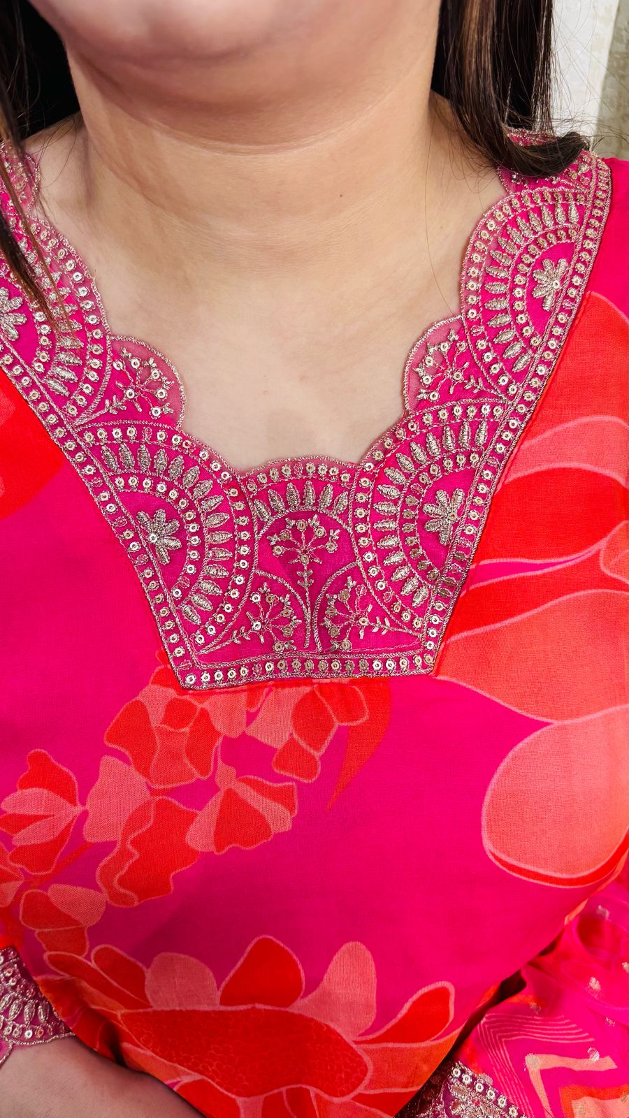 JAYA | Hot Pink Orange Floral Kurta Set with Embroidered Dupatta | Festive Party Suit for Women