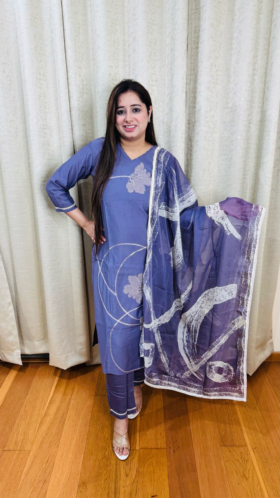 RESHAM | Dusty Lavender Abstract Print Kurta Set with Dupatta | Modern Daily Wear Suit for Women