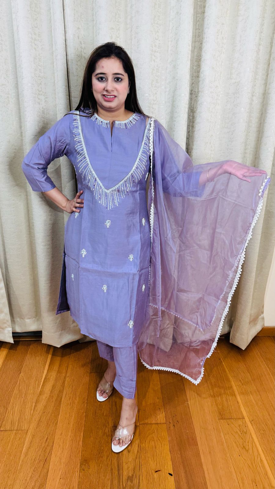 PRERNA | Lilac Beaded Fringe Kurta Set with Sheer Dupatta | Elegant Festive Suit for Women