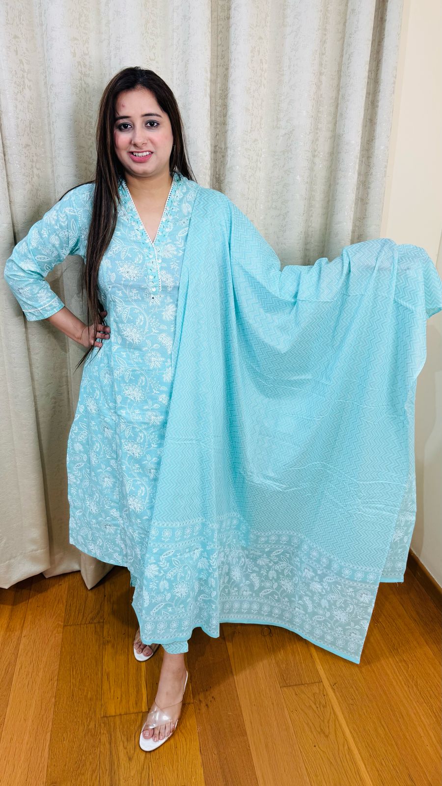RAAMA | Aqua Blue Printed A-Line Kurta Set with Chevron Pants | Summer Cotton Suit for Women
