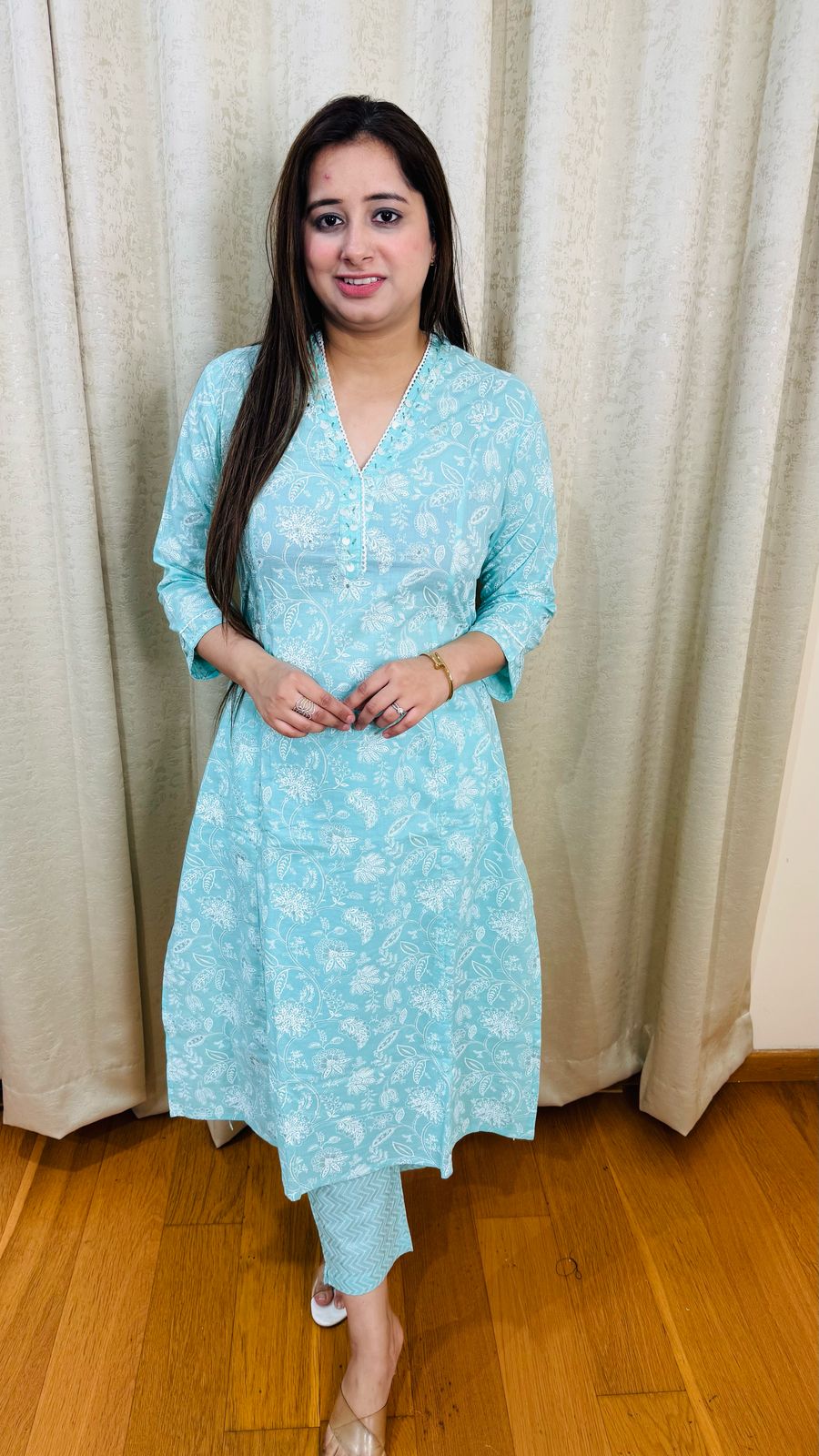 RAAMA | Aqua Blue Printed A-Line Kurta Set with Chevron Pants | Summer Cotton Suit for Women