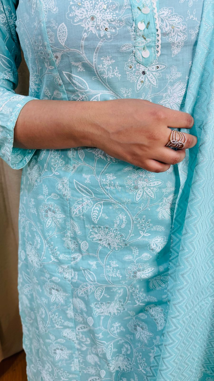 RAAMA | Aqua Blue Printed A-Line Kurta Set with Chevron Pants | Summer Cotton Suit for Women