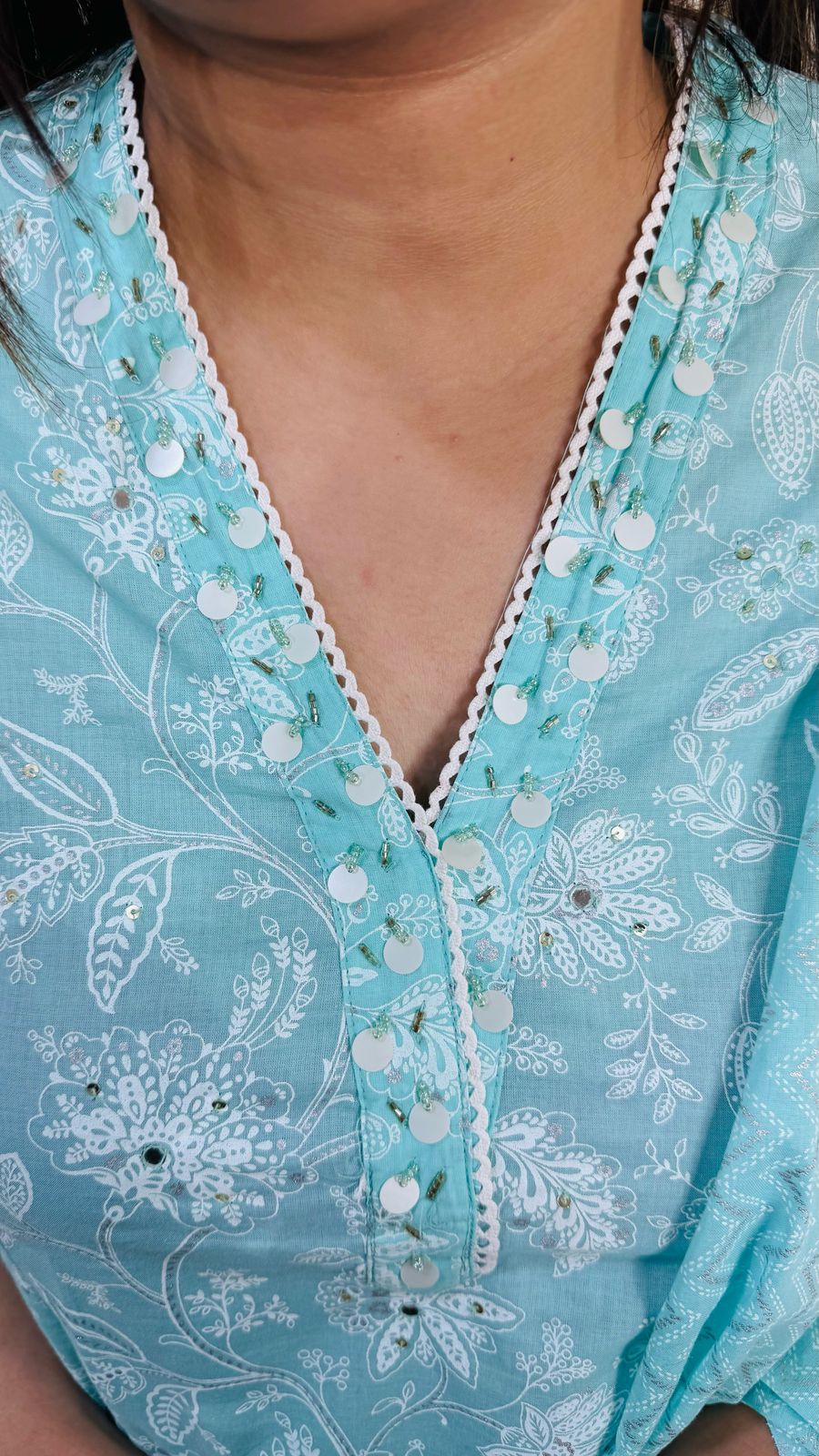 RAAMA | Aqua Blue Printed A-Line Kurta Set with Chevron Pants | Summer Cotton Suit for Women