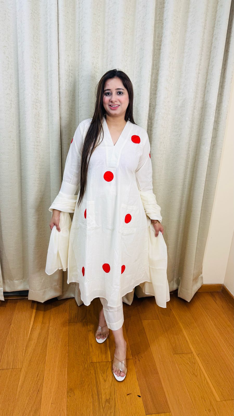 MALTI | White Polka Dot Kurta Set with Red Spots | Fun Casual Co-ord for Women