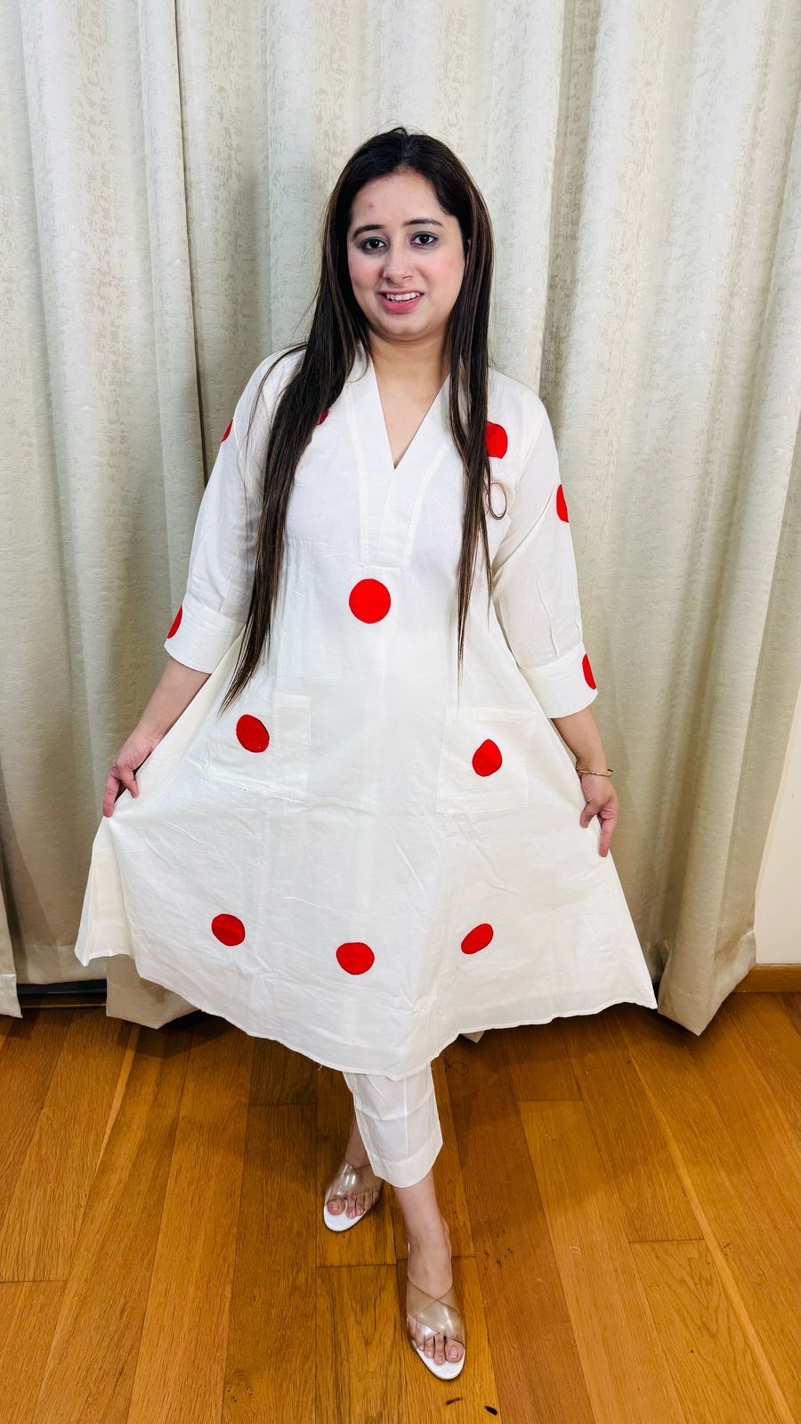 MALTI | White Polka Dot Kurta Set with Red Spots | Fun Casual Co-ord for Women