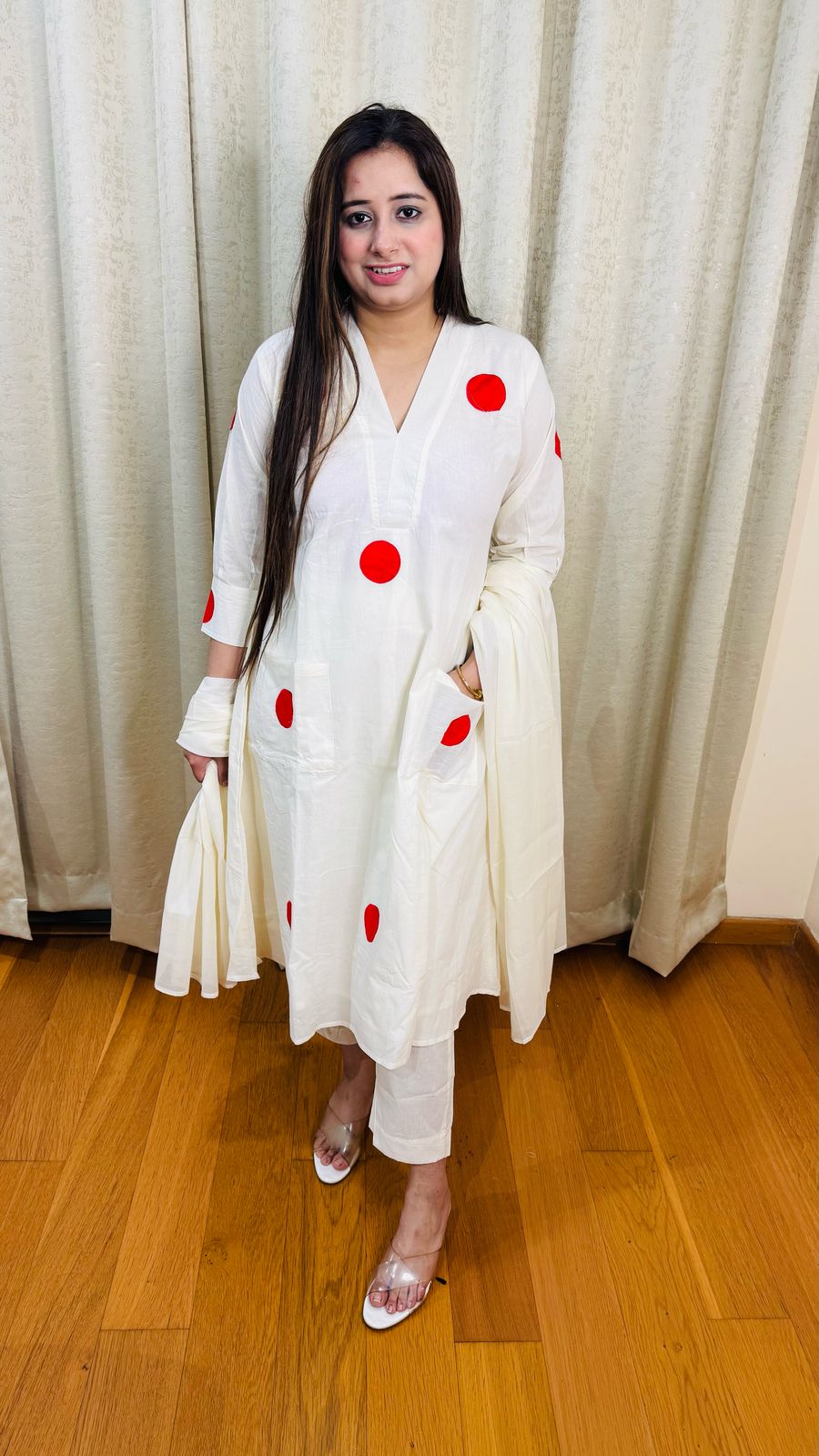 MALTI | White Polka Dot Kurta Set with Red Spots | Fun Casual Co-ord for Women