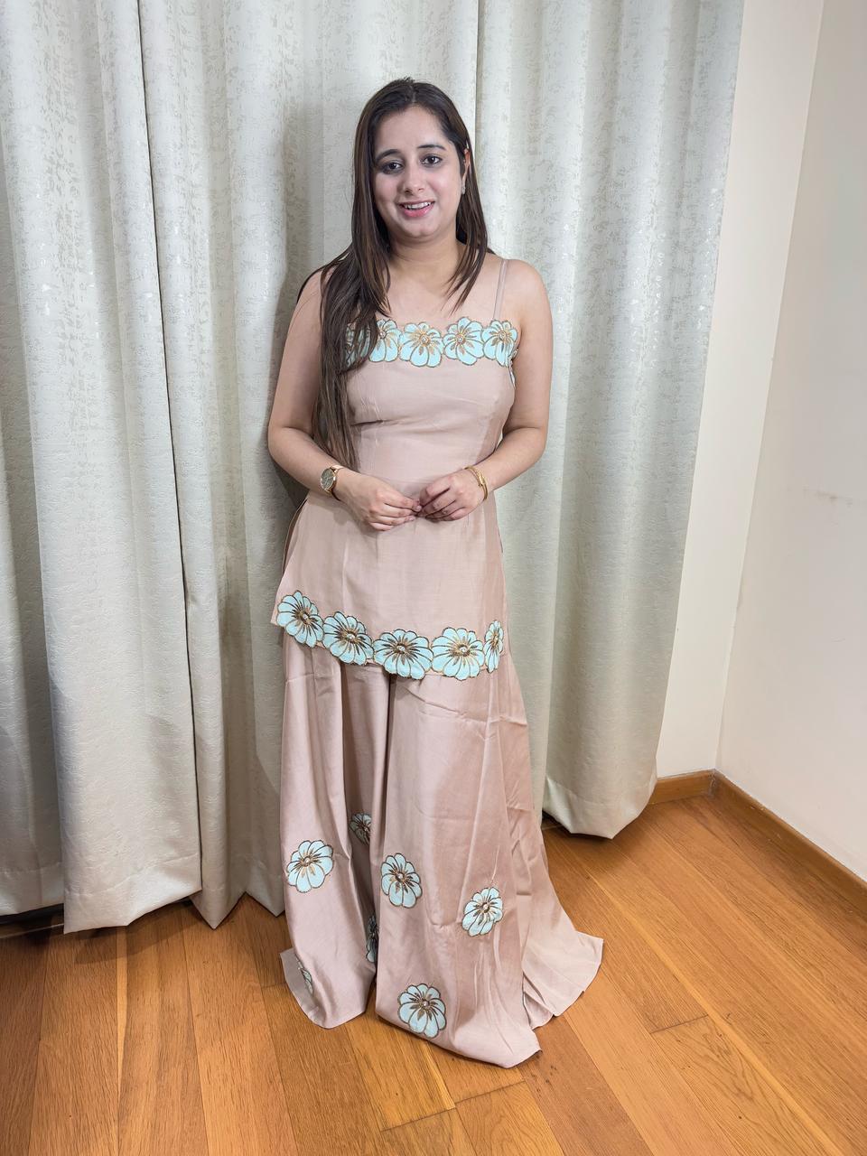 DAISY | Soft Beige Floral Embroidered Sharara Set | Trendy Strappy Top Festive Outfit for Women