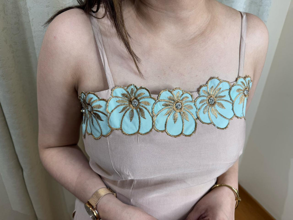 DAISY | Soft Beige Floral Embroidered Sharara Set | Trendy Strappy Top Festive Outfit for Women