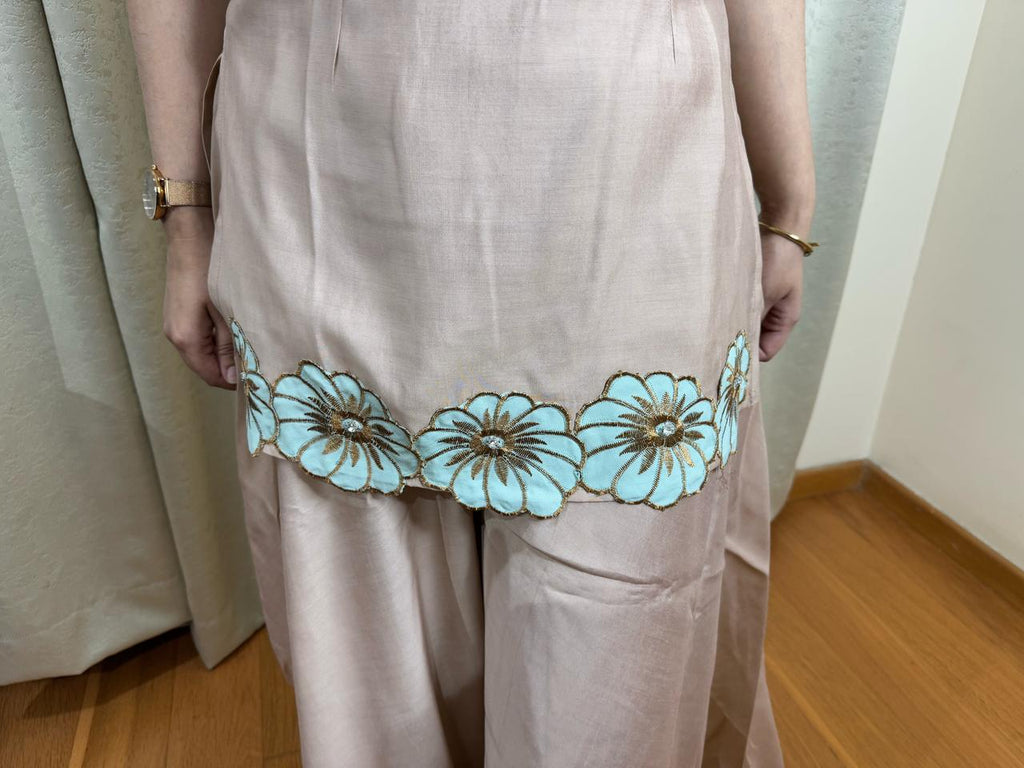 DAISY | Soft Beige Floral Embroidered Sharara Set | Trendy Strappy Top Festive Outfit for Women