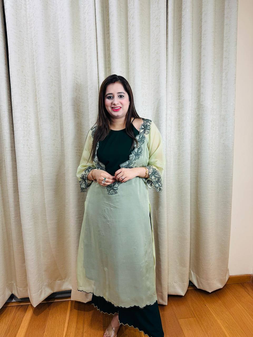 ANA | Sage Green Sheer Shrug Kurta Set with Embroidered Edges | Layered Party Suit for Women