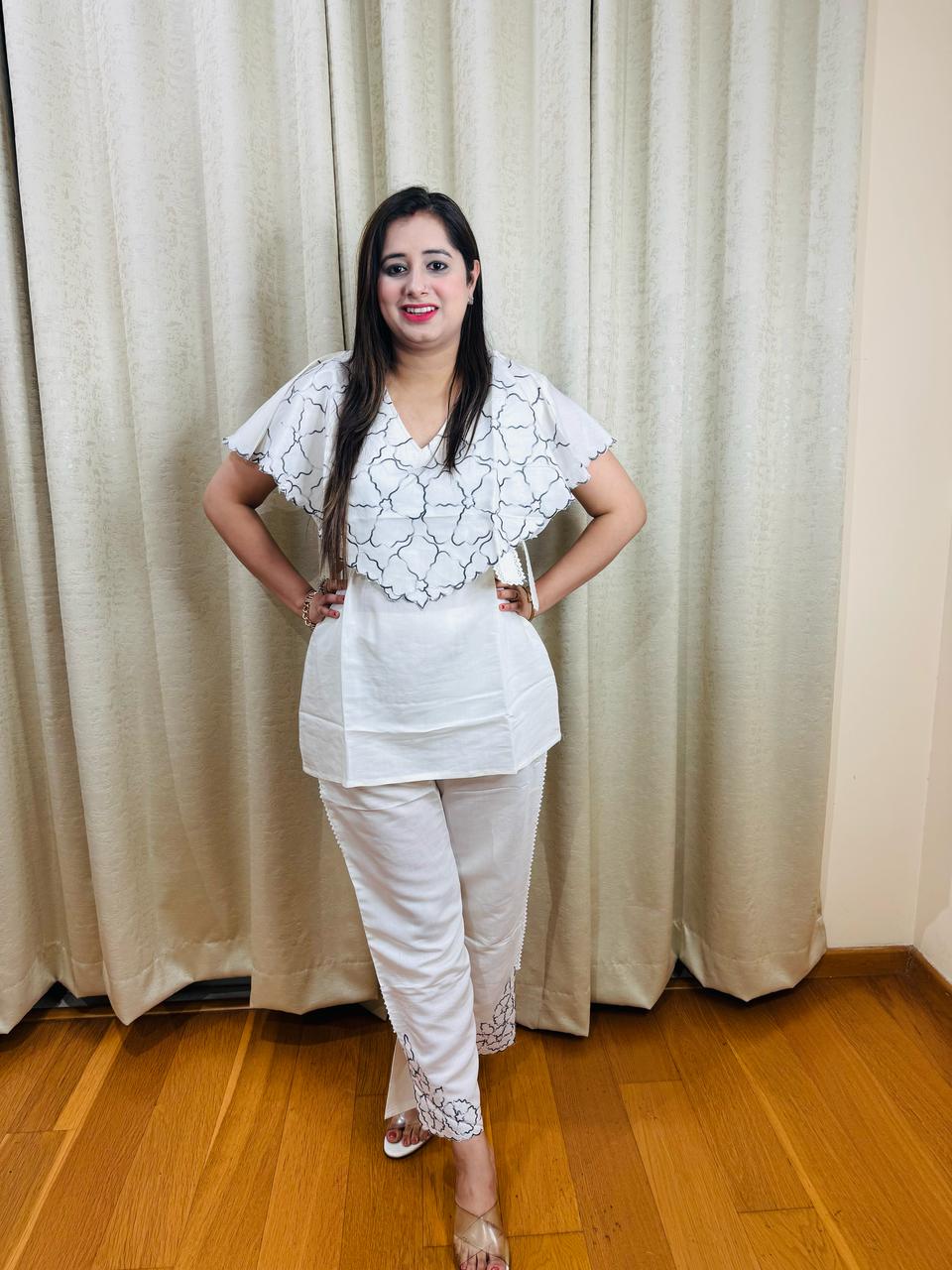 AISHA | White Cape Style Embroidered Kurta Set with Pants | Elegant Summer Co-ord for Women