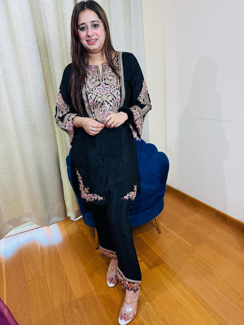 VERKA | Women's Black Thread Embroidered Kurta Pant Set | Pastel Pink Yoke & Hem Work Suit