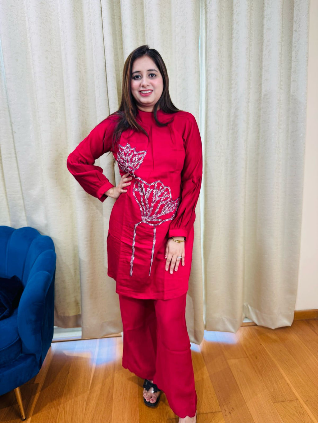 PRISHA | Red Sequin Floral Kurta Set with Wide Leg Pants | Festive Party Suit for Women