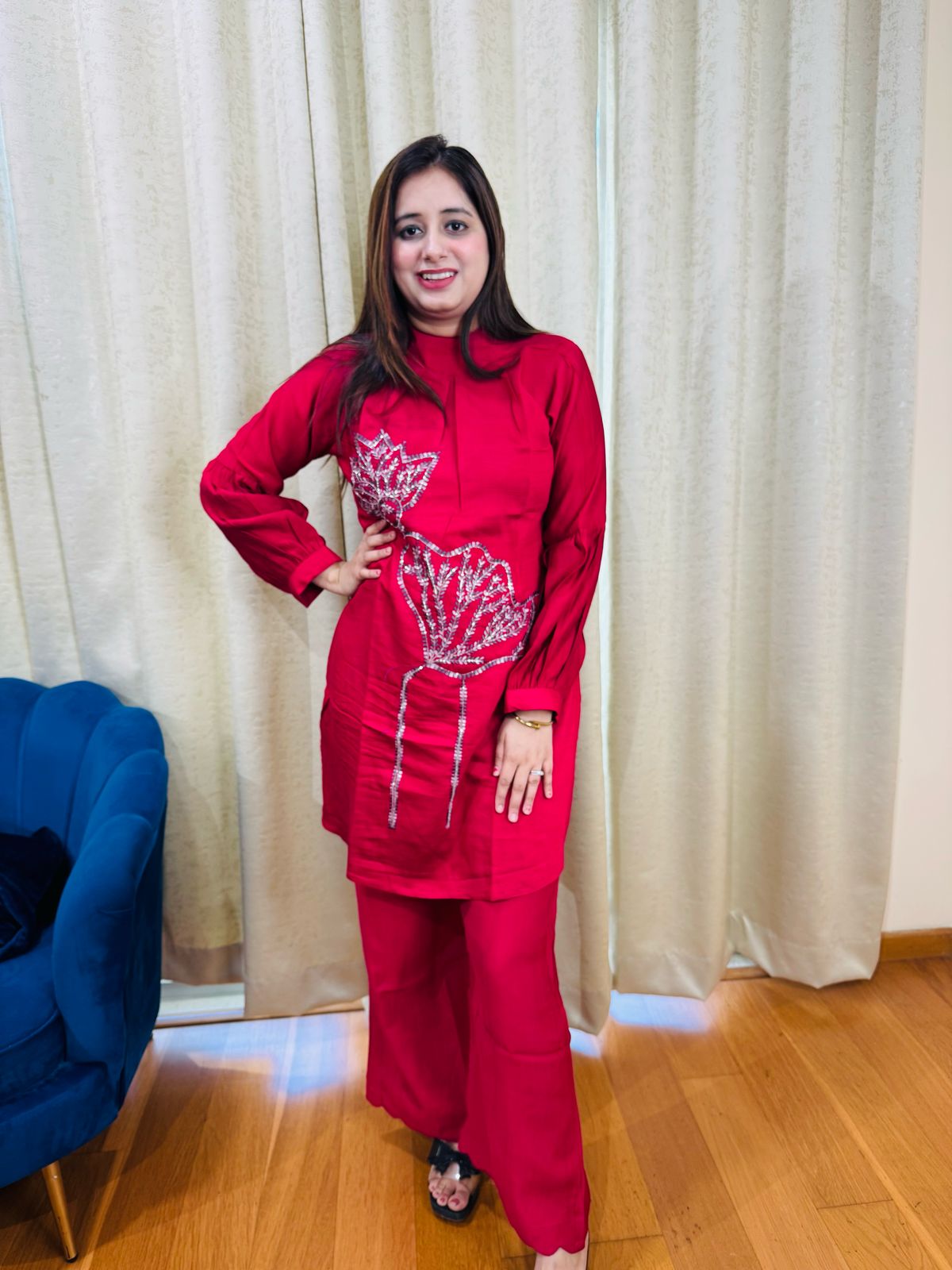 PRISHA | Red Sequin Floral Kurta Set with Wide Leg Pants | Festive Party Suit for Women
