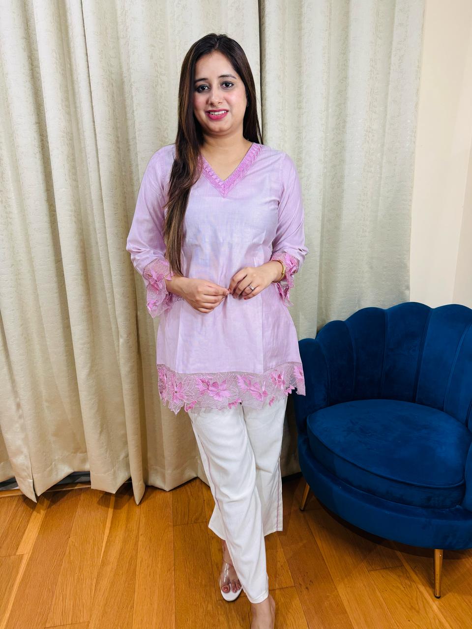 BABY | Lavender Embroidered Kurta Set | White Straight Pants & Lace Detailing