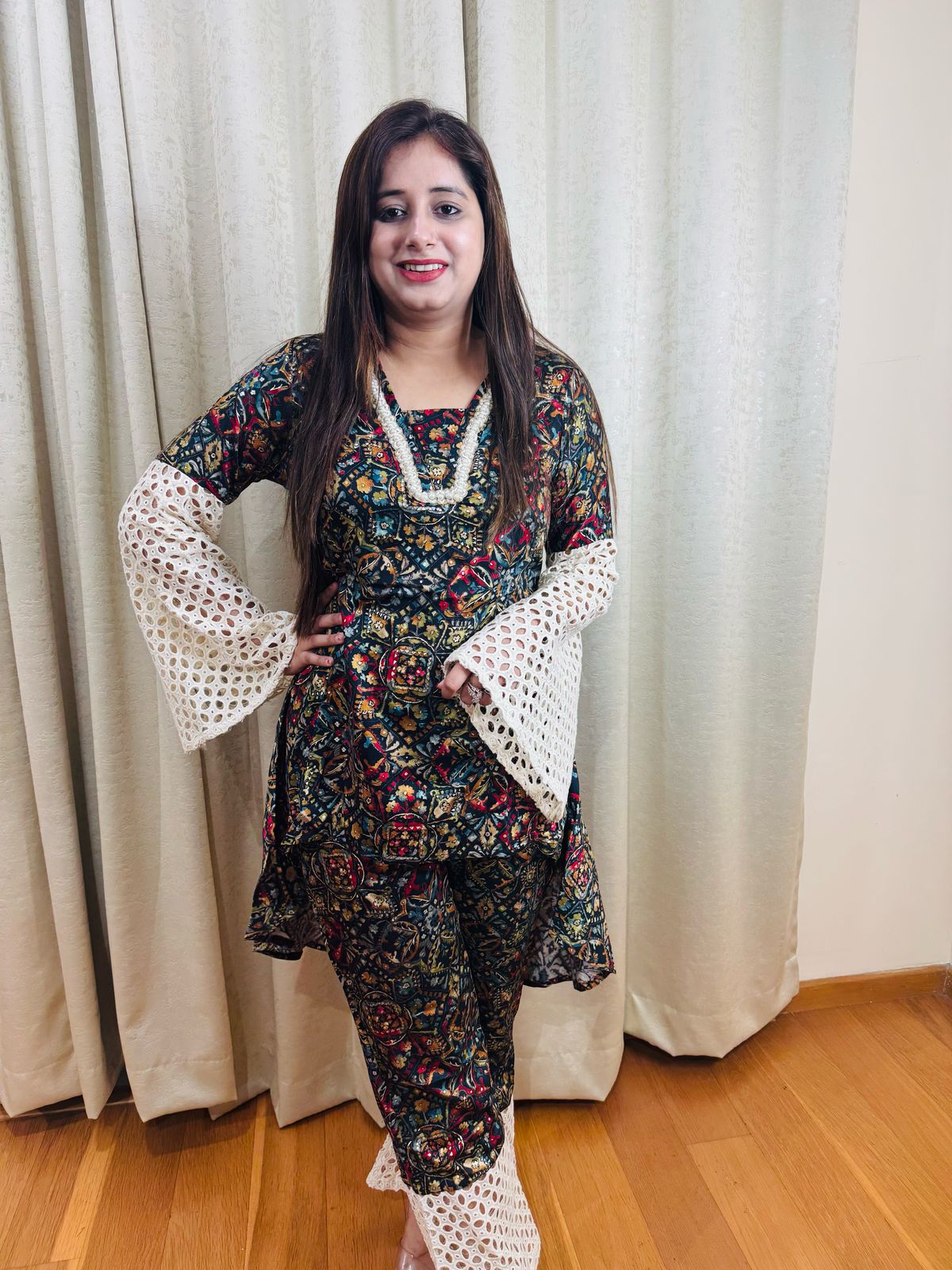 VIMI | Women's Ethnic Print Kurta Set | Crochet Bell Sleeve & Pant Border with Beaded Neck