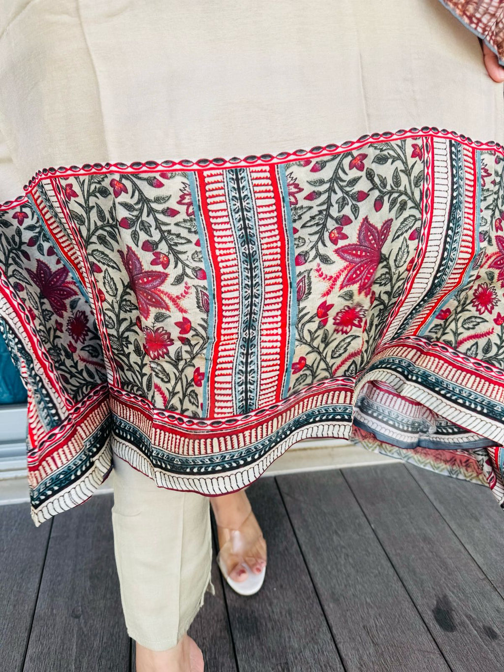 ARYA | Women's Beige Kurta Pant Set | Embroidered Neck Suit with Multi-Colored Printed Dupatta