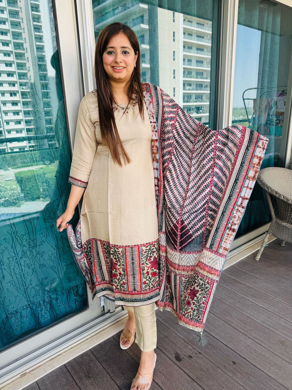 ARYA | Women's Beige Kurta Pant Set | Embroidered Neck Suit with Multi-Colored Printed Dupatta