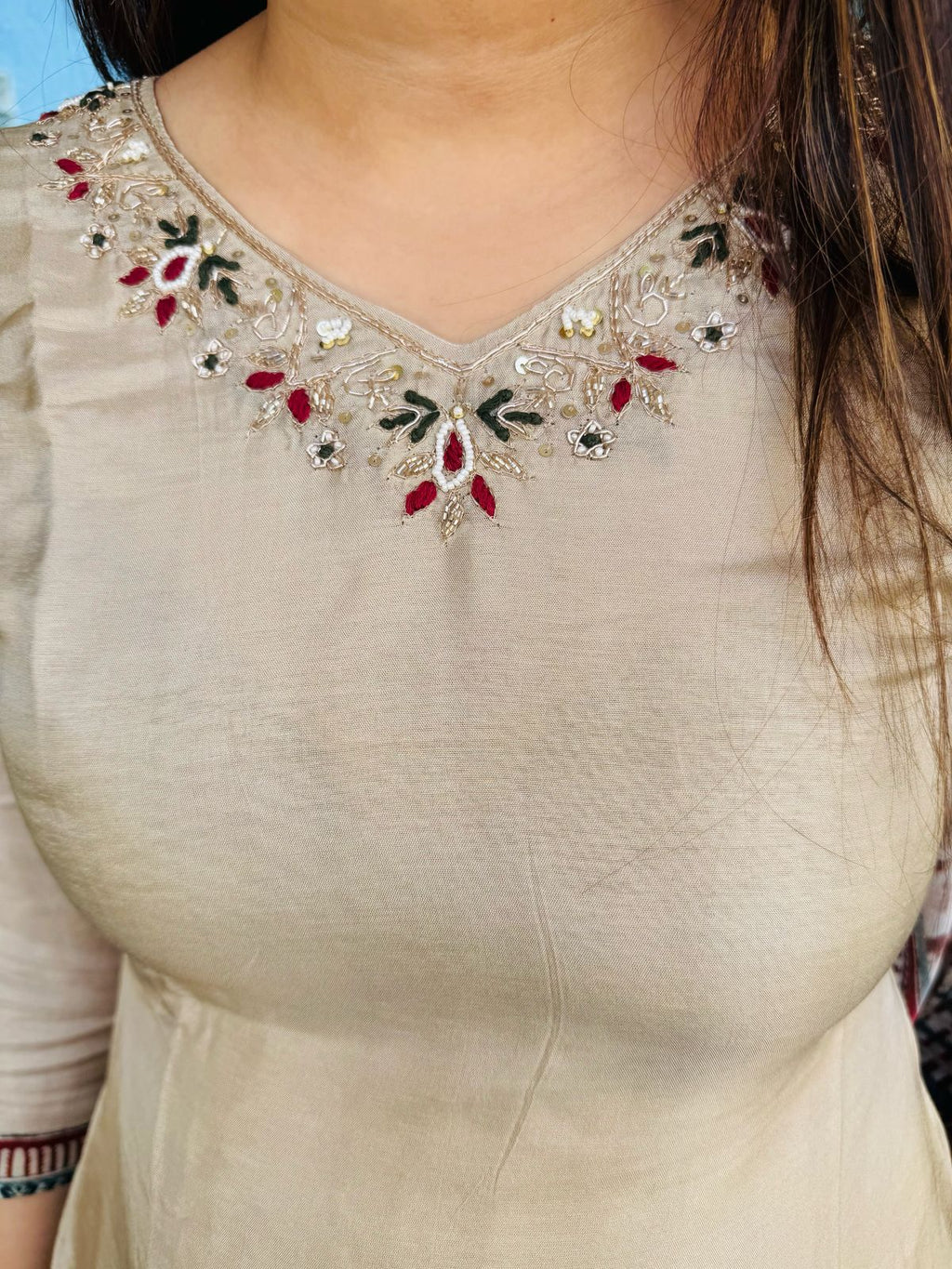 ARYA | Women's Beige Kurta Pant Set | Embroidered Neck Suit with Multi-Colored Printed Dupatta