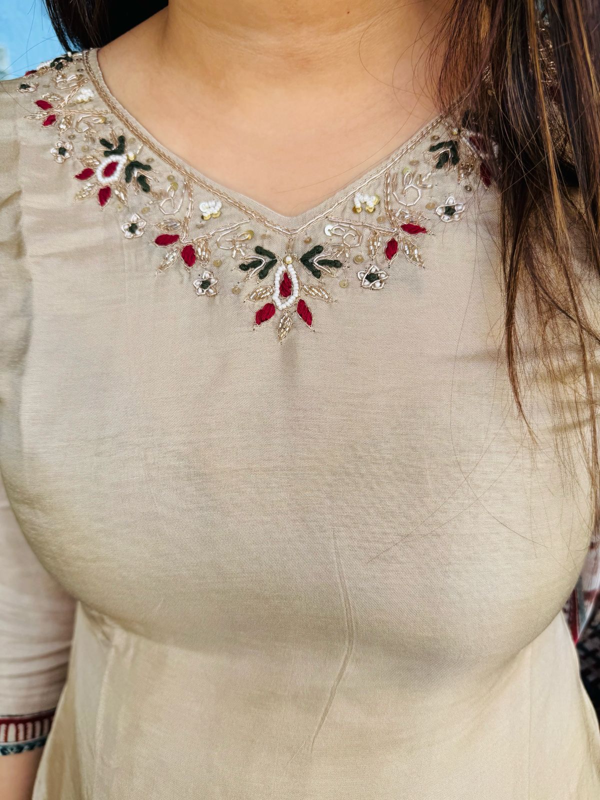 ARYA | Women's Beige Kurta Pant Set | Embroidered Neck Suit with Multi-Colored Printed Dupatta