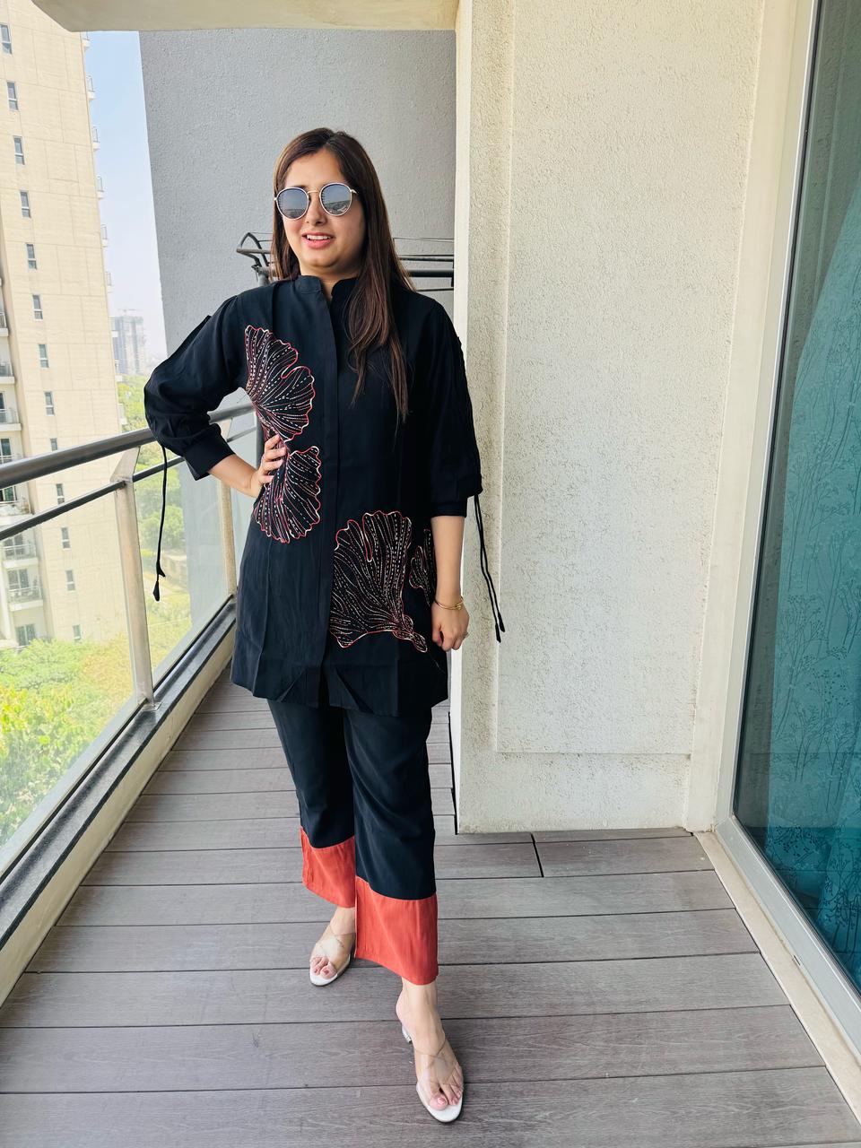 NIHAR | Women's Black Ginkgo Leaf Embroidered Kurta Set | Rust Color Block Pant Suit