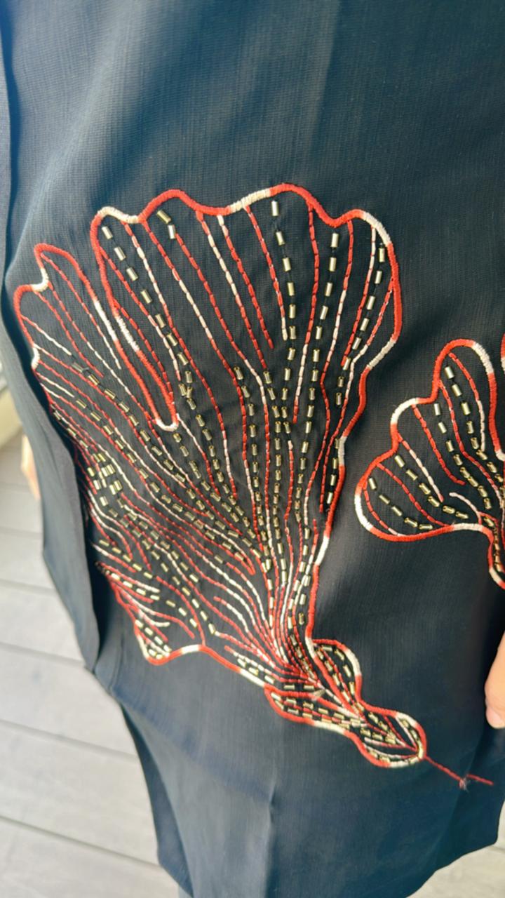 NIHAR | Women's Black Ginkgo Leaf Embroidered Kurta Set | Rust Color Block Pant Suit