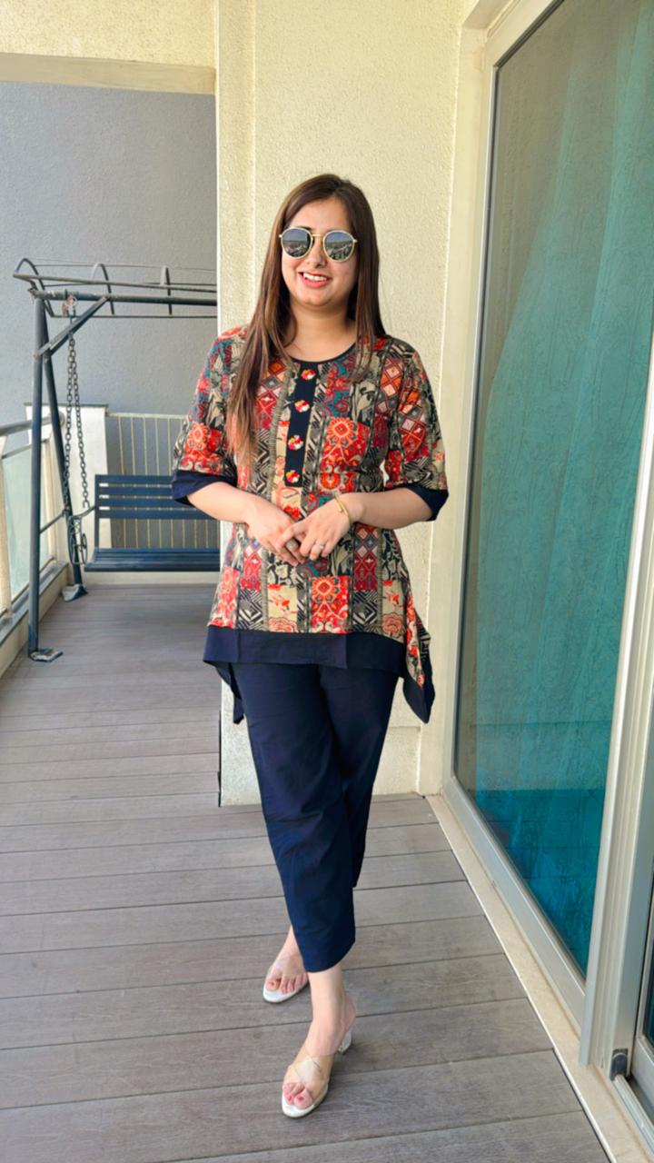 Purniti | Women's Patchwork Printed Kurti Set | Red Beige Navy Kurta with Slim Pants
