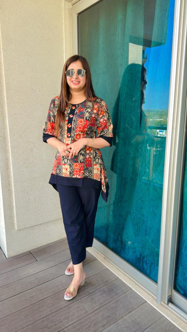 Purniti | Women's Patchwork Printed Kurti Set | Red Beige Navy Kurta with Slim Pants