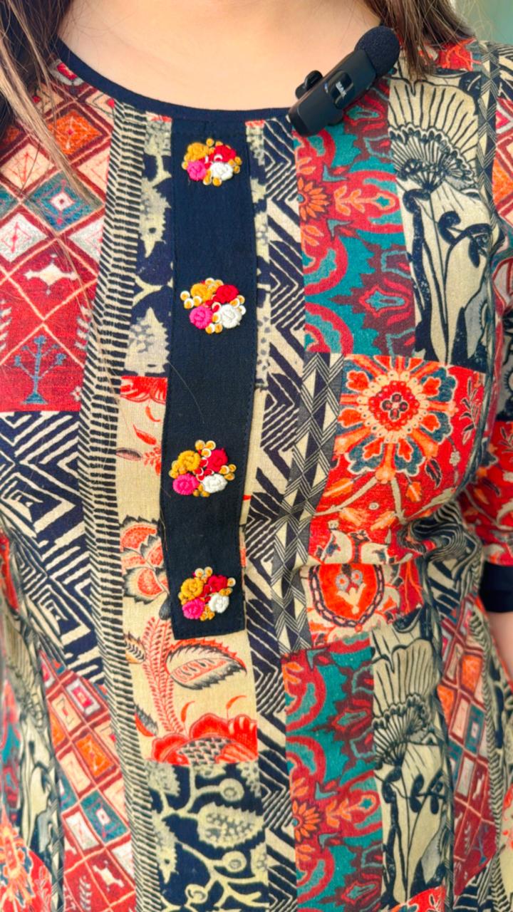 Purniti | Women's Patchwork Printed Kurti Set | Red Beige Navy Kurta with Slim Pants