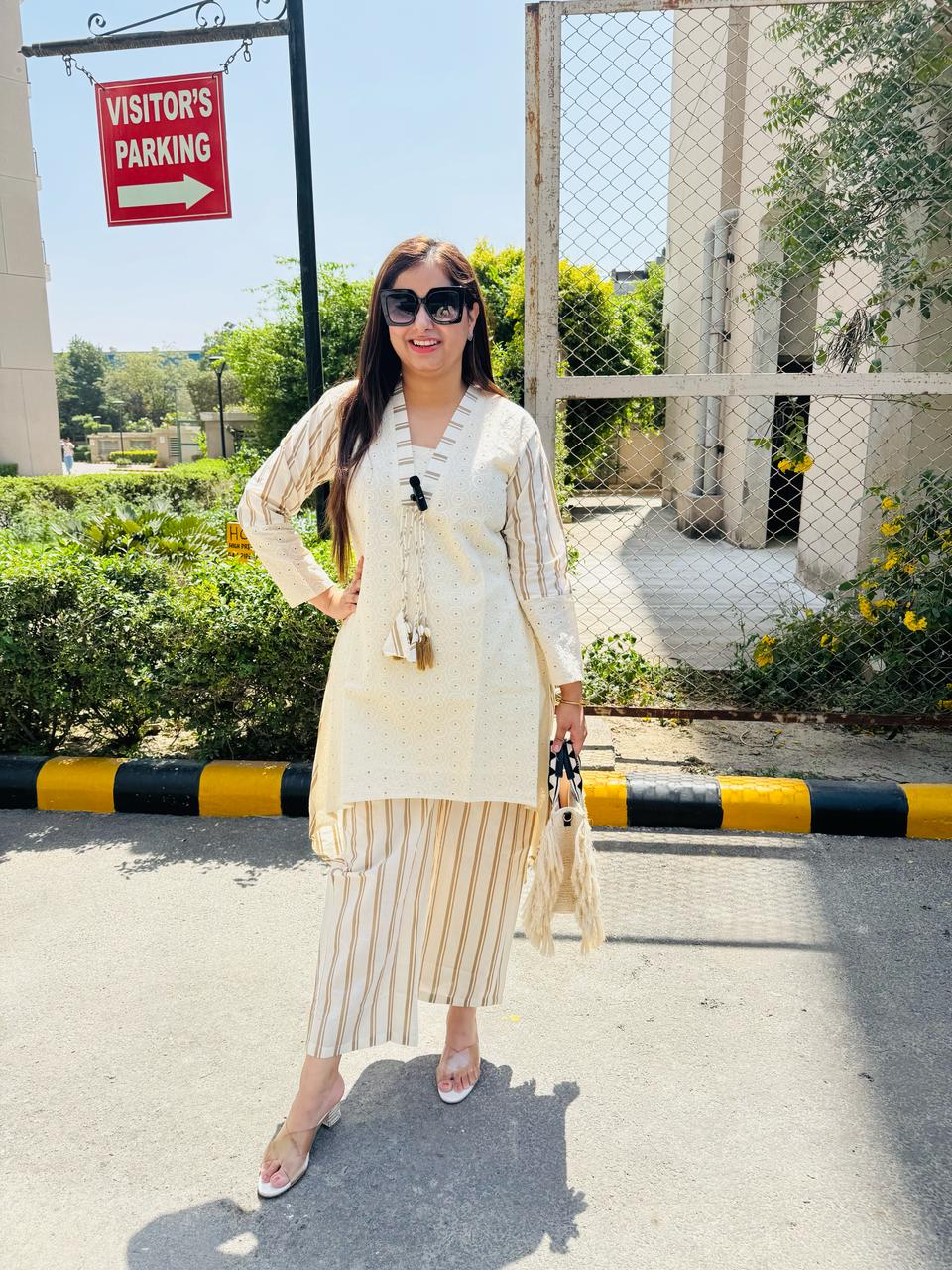 ANI | Women's Cream Eyelet Kurta Set | Striped Sleeve & Pant Suit with Tassels